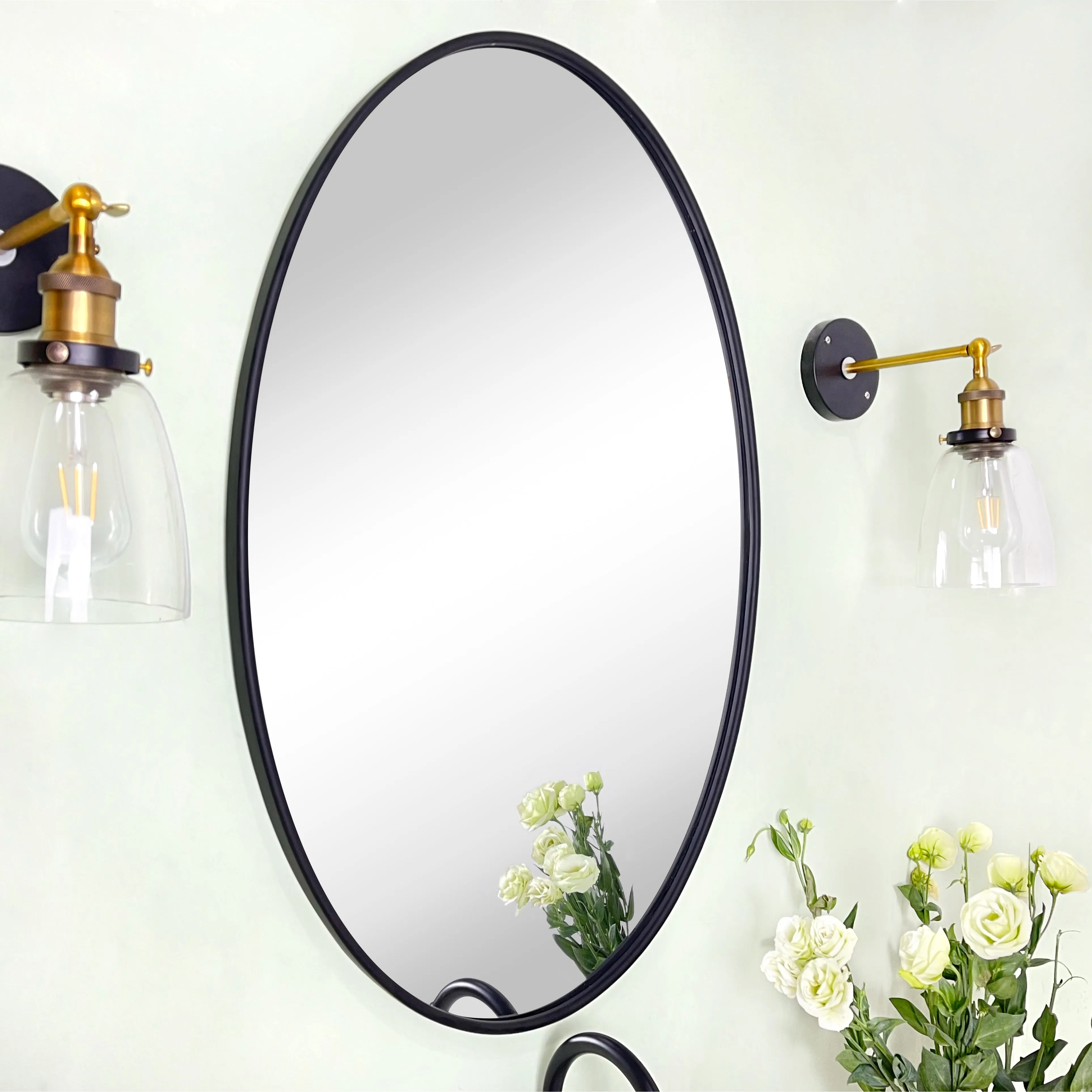 Farmhouse Oval Metal Framed Bathroom Mirror Wall Mounted Bathroom Vanity Mirror