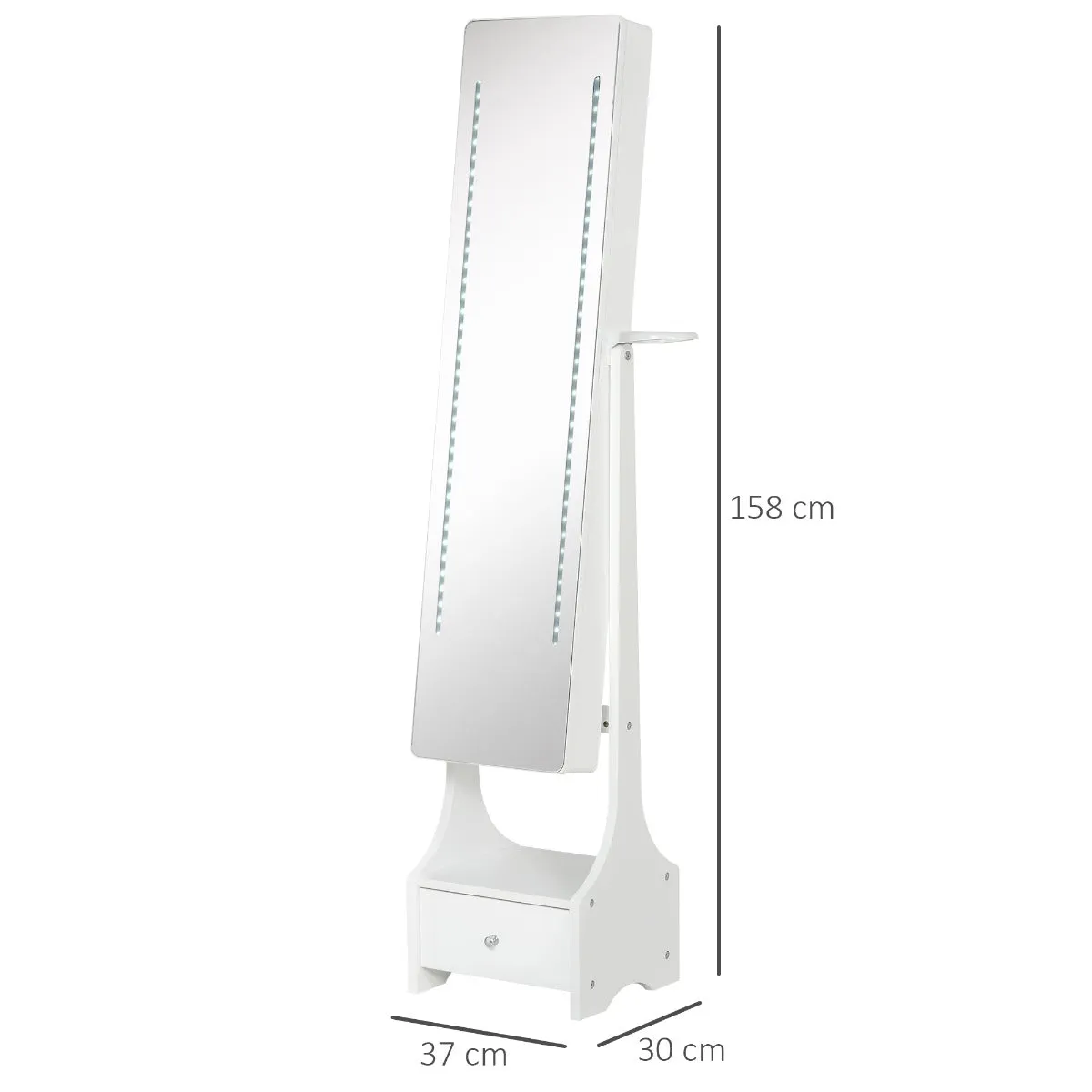 Freestanding Jewellery Cabinet Storage Mirror Armoire w/ LED Lights Hooks Drawer Hairdryer Holder Vanity Cabinet Adjustable Home Bedroom Furnishing White
