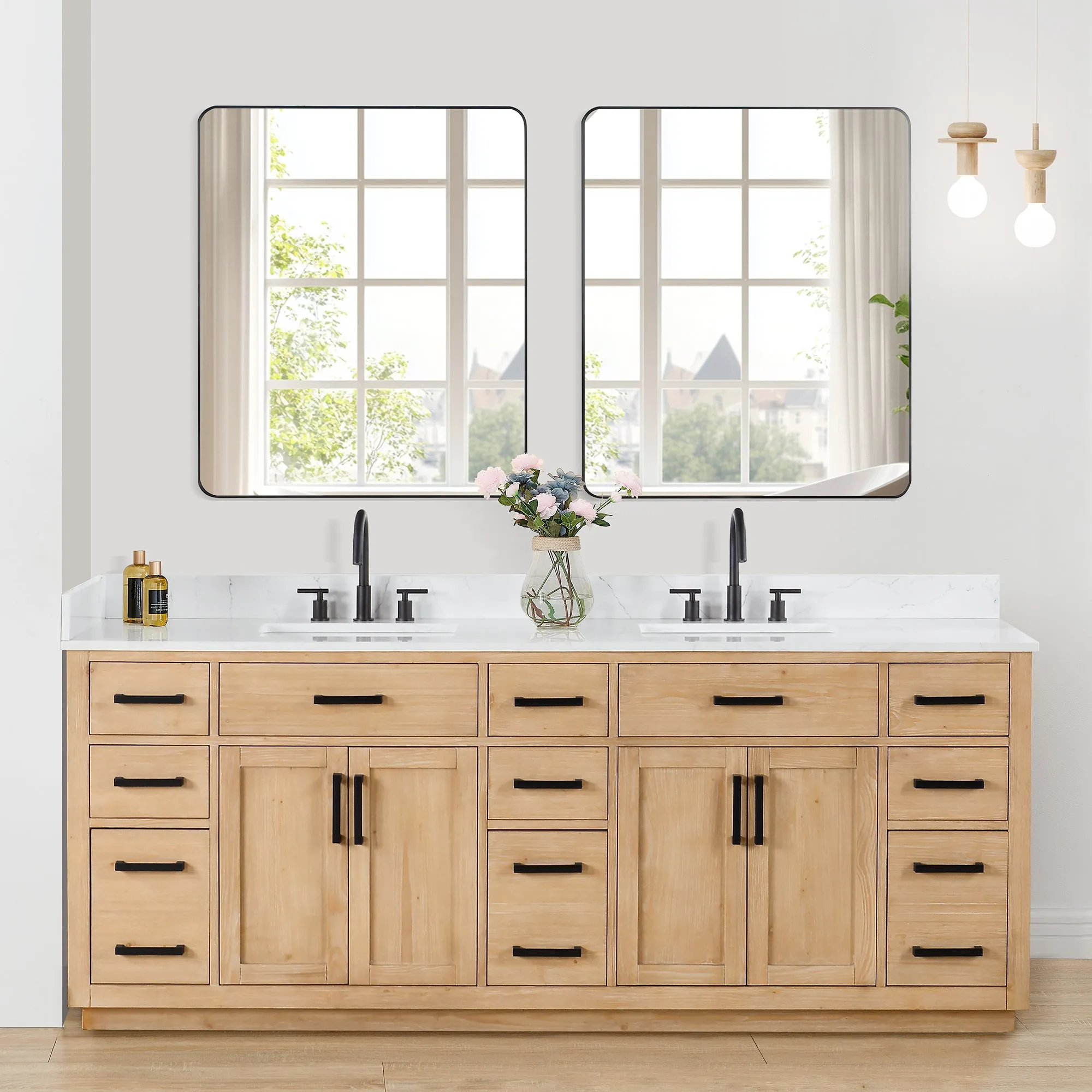 Gavino 84" Double Bathroom Vanity with Grain White Engineered Stone Countertop