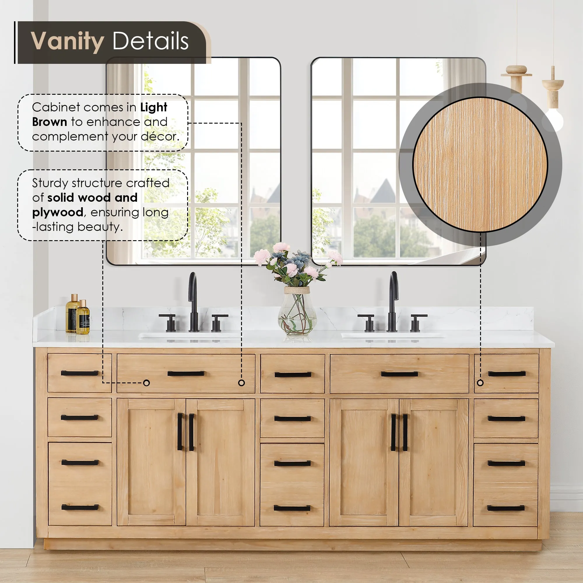 Gavino 84" Double Bathroom Vanity with Grain White Engineered Stone Countertop