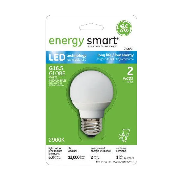 Ge 2w White Globe LED G16.5 Medium Screw 2900K Light Bulb - DEMO UNIT