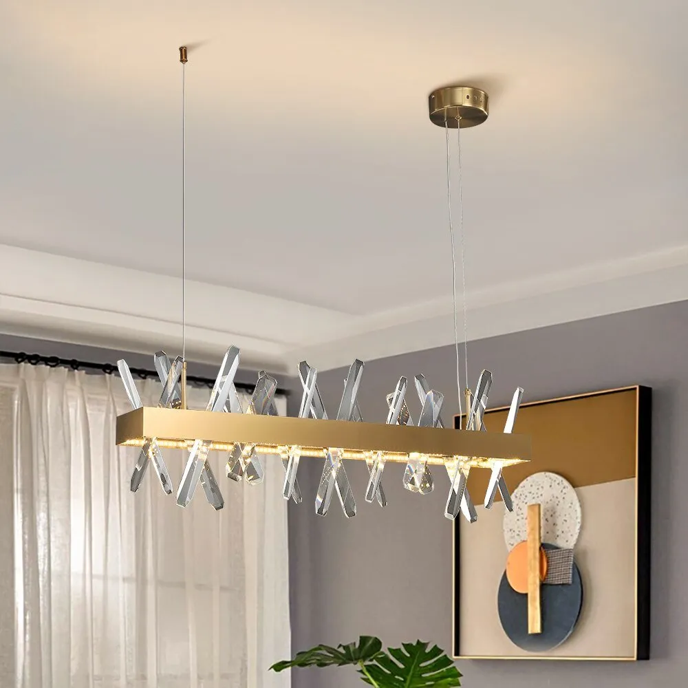 Gold Modern Rectangle Crystal Chandelier For Living Room Dining Room Kitchen Island