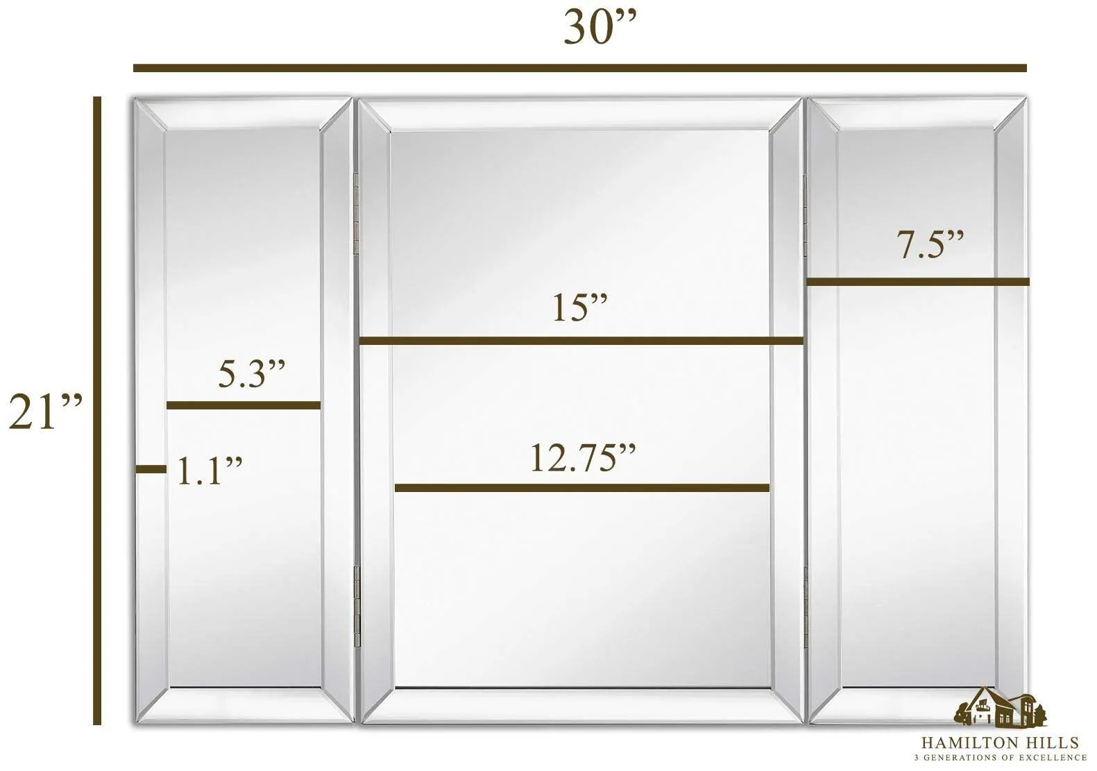 Hamilton Hills Trifold Vanity Mirror | Solid Hinged Sided Tri-fold Beveled Mirrored Edges