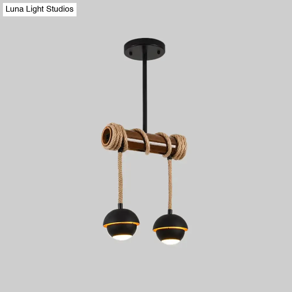 Industrial Linear Chandelier with Bamboo Tube and Rope, 2/3/6 Bulbs, Black Iron Pendant Lamp - Warm/White Light