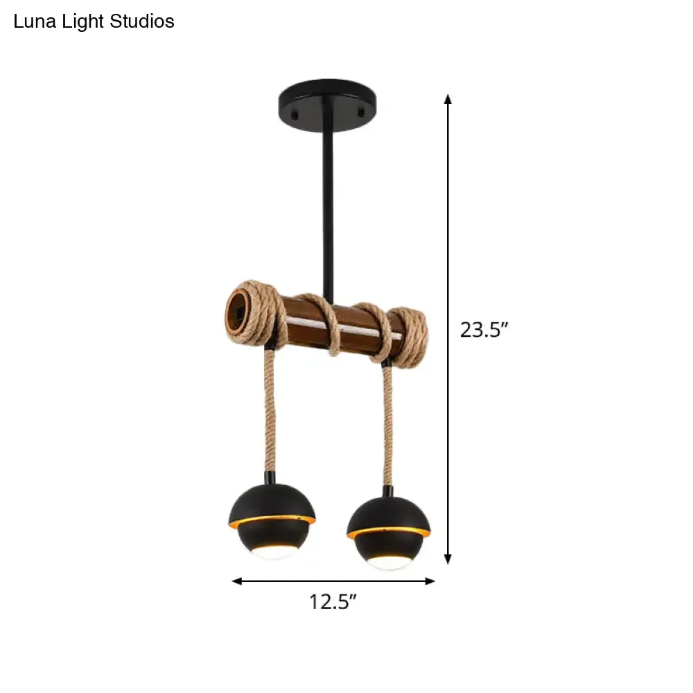 Industrial Linear Chandelier with Bamboo Tube and Rope, 2/3/6 Bulbs, Black Iron Pendant Lamp - Warm/White Light