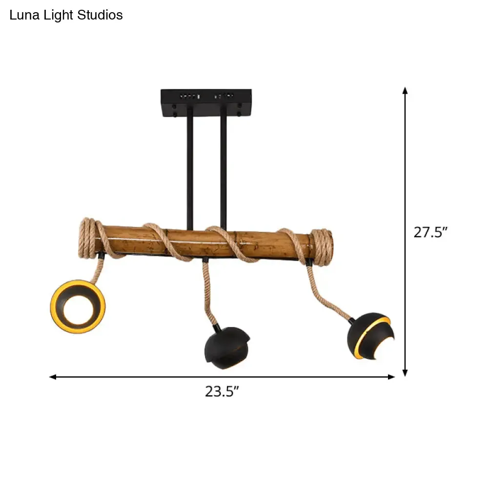 Industrial Linear Chandelier with Bamboo Tube and Rope, 2/3/6 Bulbs, Black Iron Pendant Lamp - Warm/White Light