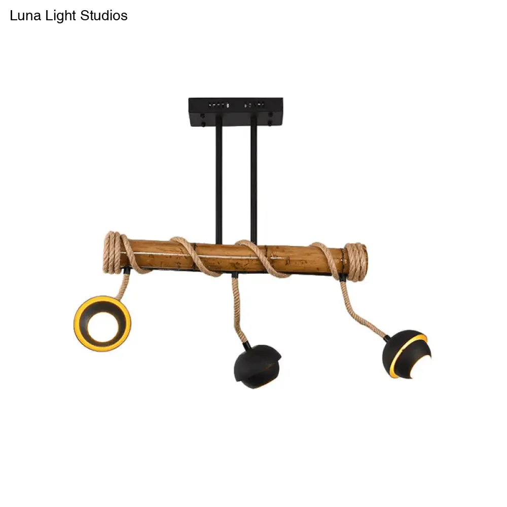 Industrial Linear Chandelier with Bamboo Tube and Rope, 2/3/6 Bulbs, Black Iron Pendant Lamp - Warm/White Light