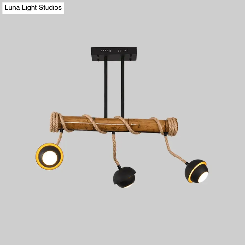 Industrial Linear Chandelier with Bamboo Tube and Rope, 2/3/6 Bulbs, Black Iron Pendant Lamp - Warm/White Light