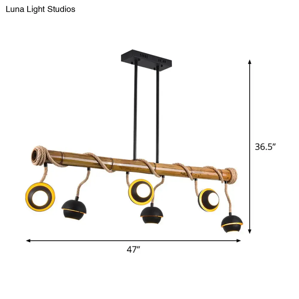 Industrial Linear Chandelier with Bamboo Tube and Rope, 2/3/6 Bulbs, Black Iron Pendant Lamp - Warm/White Light