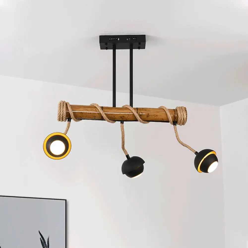 Industrial Linear Chandelier with Bamboo Tube and Rope, 2/3/6 Bulbs, Black Iron Pendant Lamp - Warm/White Light