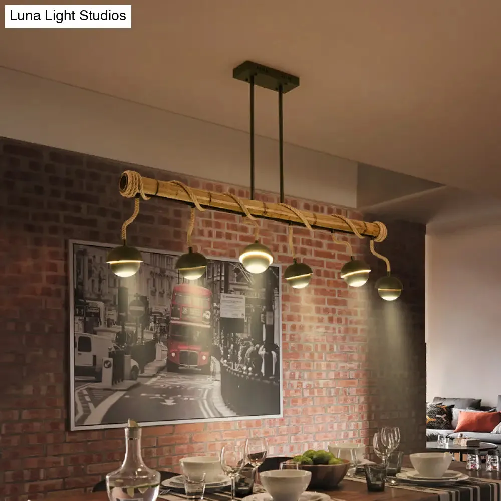Industrial Linear Chandelier with Bamboo Tube and Rope, 2/3/6 Bulbs, Black Iron Pendant Lamp - Warm/White Light