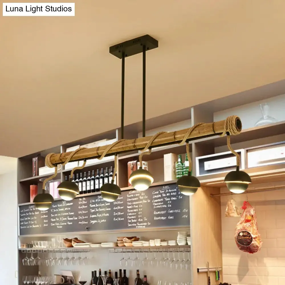 Industrial Linear Chandelier with Bamboo Tube and Rope, 2/3/6 Bulbs, Black Iron Pendant Lamp - Warm/White Light