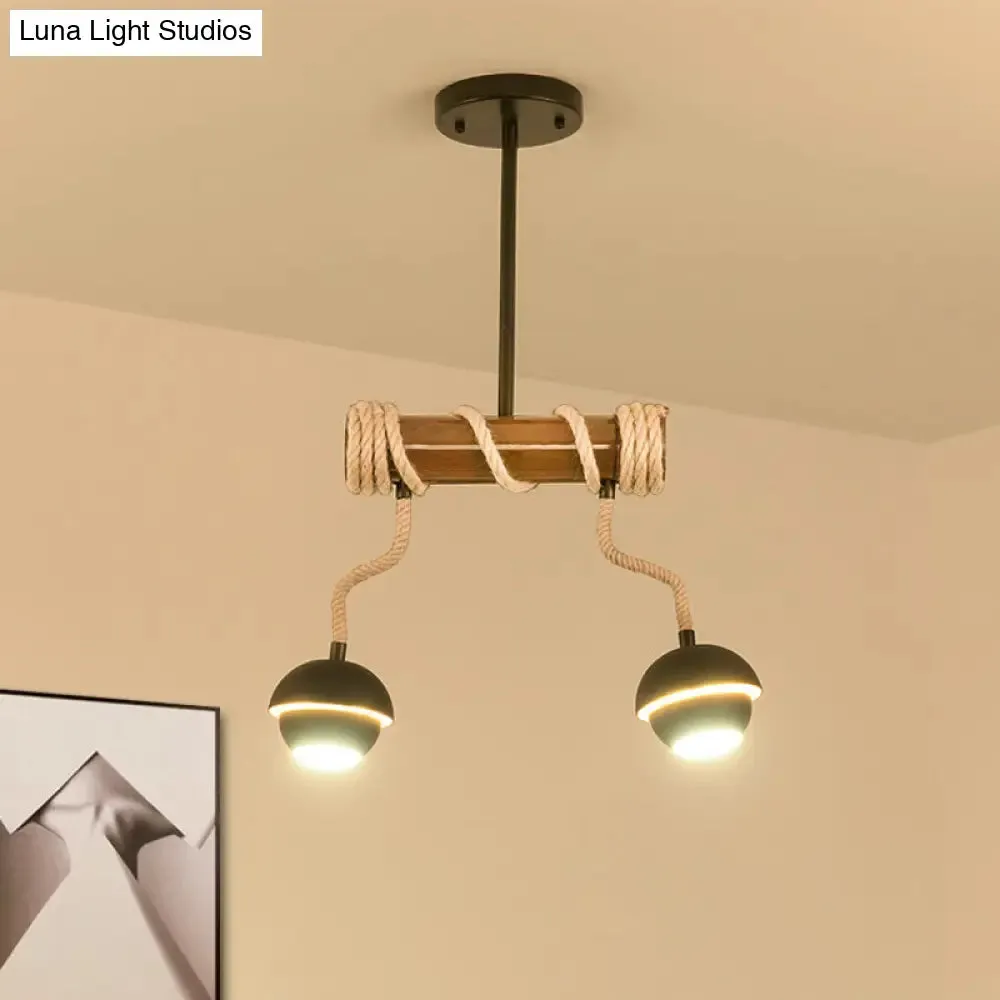 Industrial Linear Chandelier with Bamboo Tube and Rope, 2/3/6 Bulbs, Black Iron Pendant Lamp - Warm/White Light