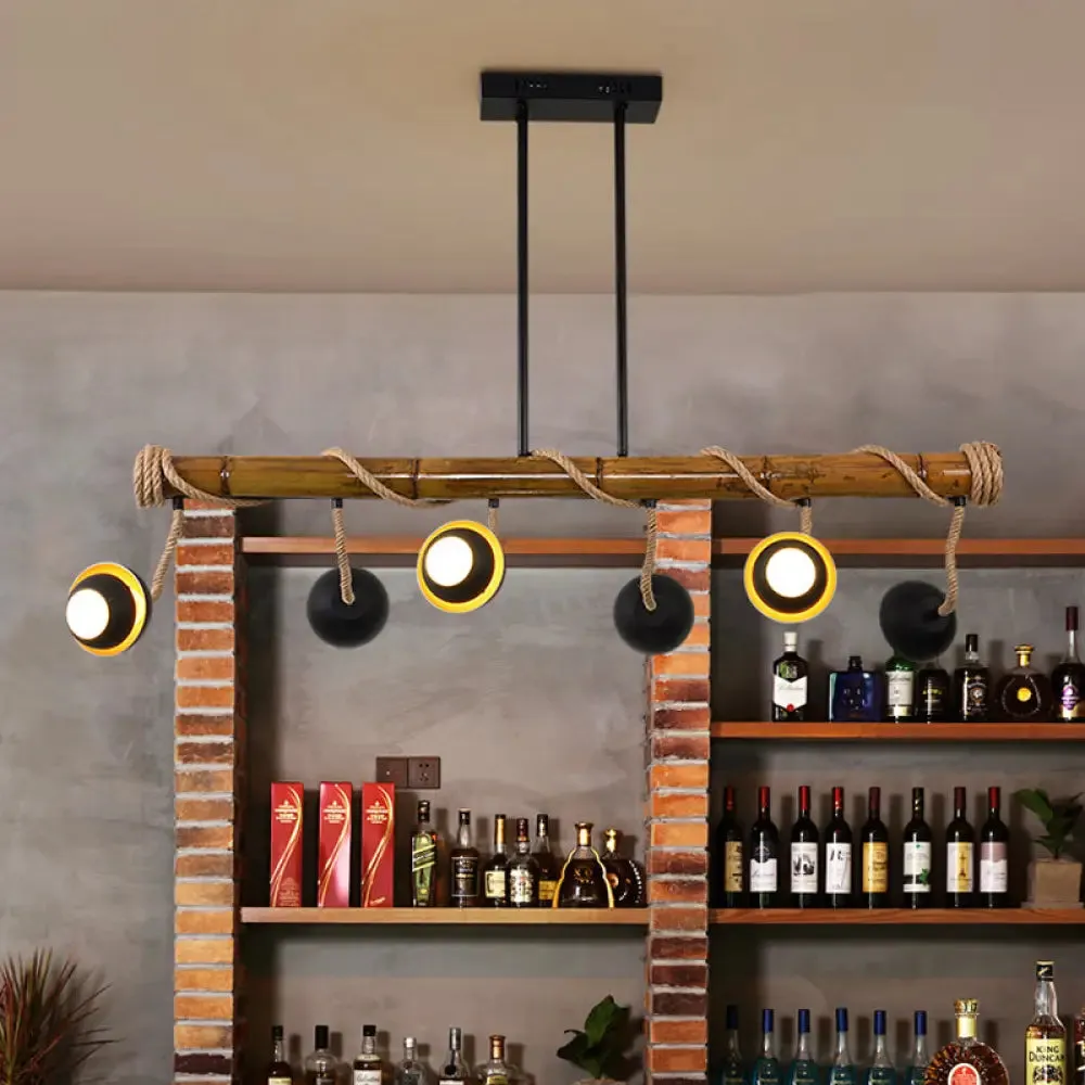 Industrial Linear Chandelier with Bamboo Tube and Rope, 2/3/6 Bulbs, Black Iron Pendant Lamp - Warm/White Light