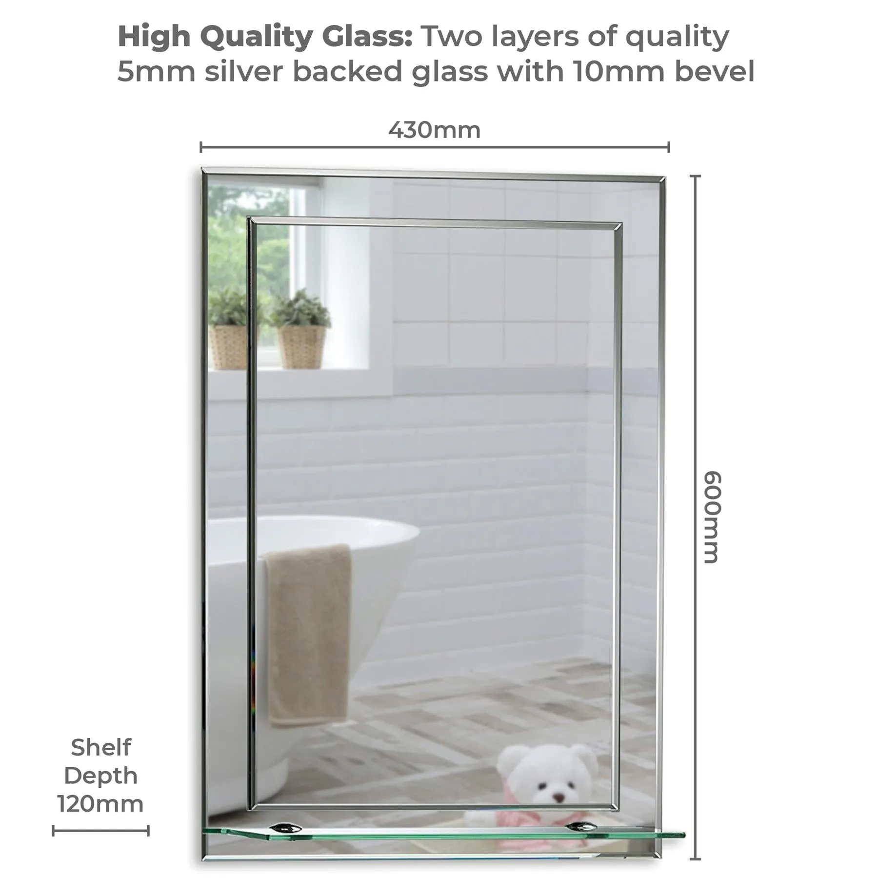 Iowa Rectangular Bathroom Mirror with Shelf 3 Sizes 70Hx50Wcm, 60Hx43Wcm, 50Hx40Wcm