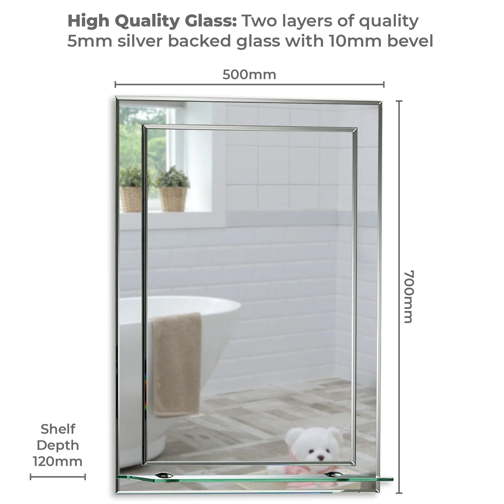 Iowa Rectangular Bathroom Mirror with Shelf 3 Sizes 70Hx50Wcm, 60Hx43Wcm, 50Hx40Wcm