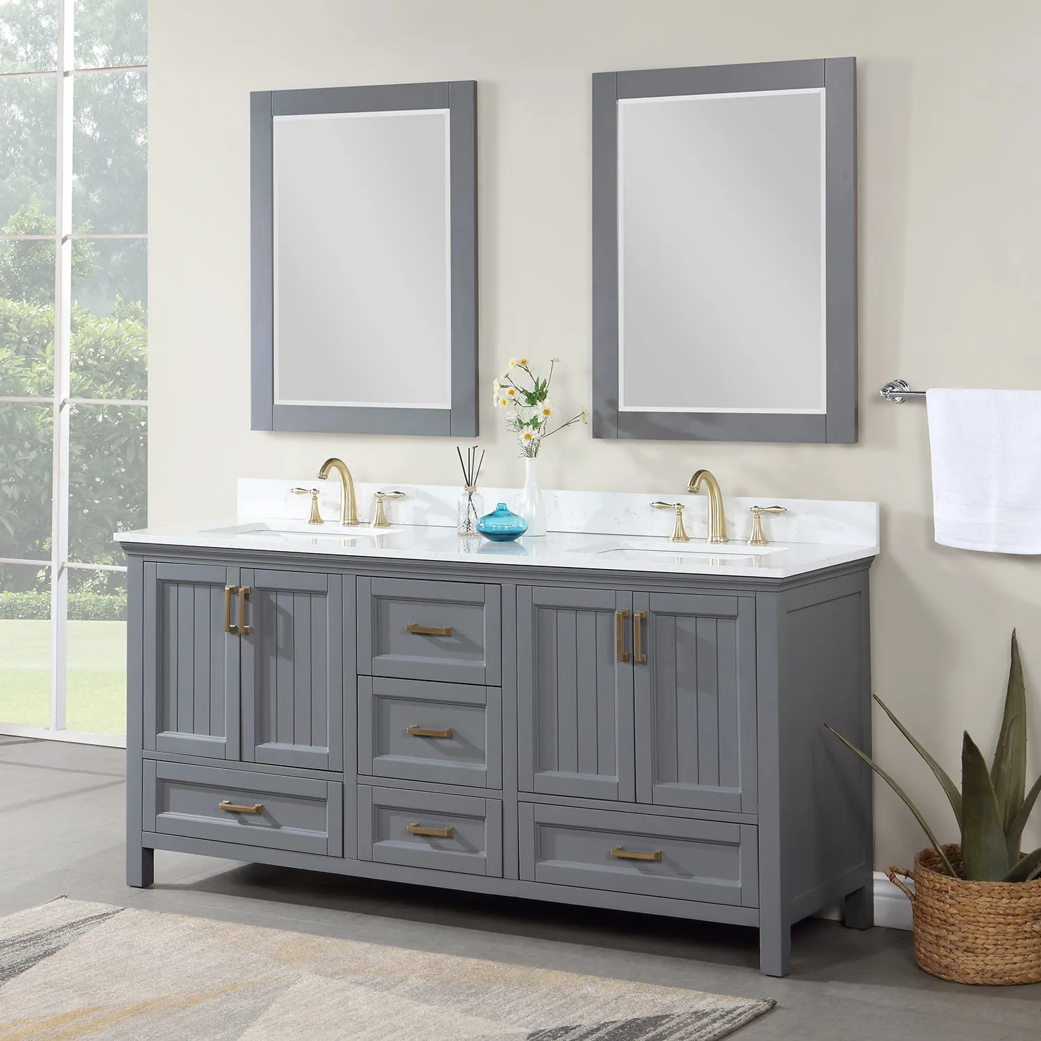 Isla 72" Double Bathroom Vanity Set with Aosta White Marble Countertop