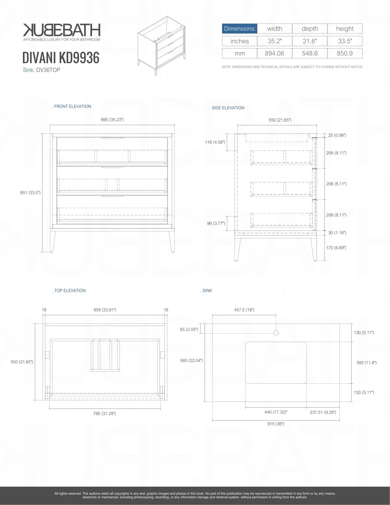 KD99GW ,36″ GLOSS WHITE VANITY WITH QUARTZ COUNTER TOP