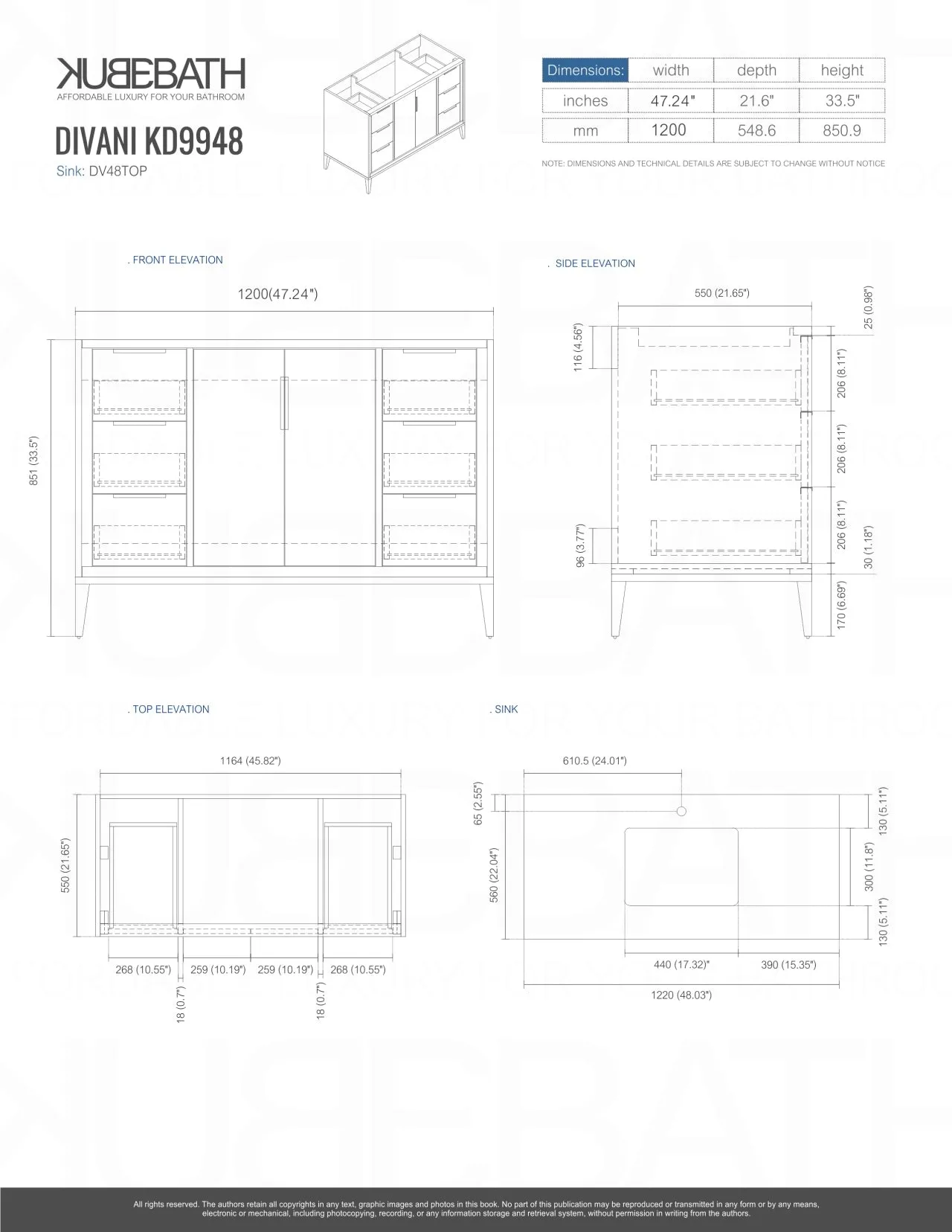KD99GW ,48″ GLOSS WHITE VANITY WITH QUARTZ COUNTER TOP