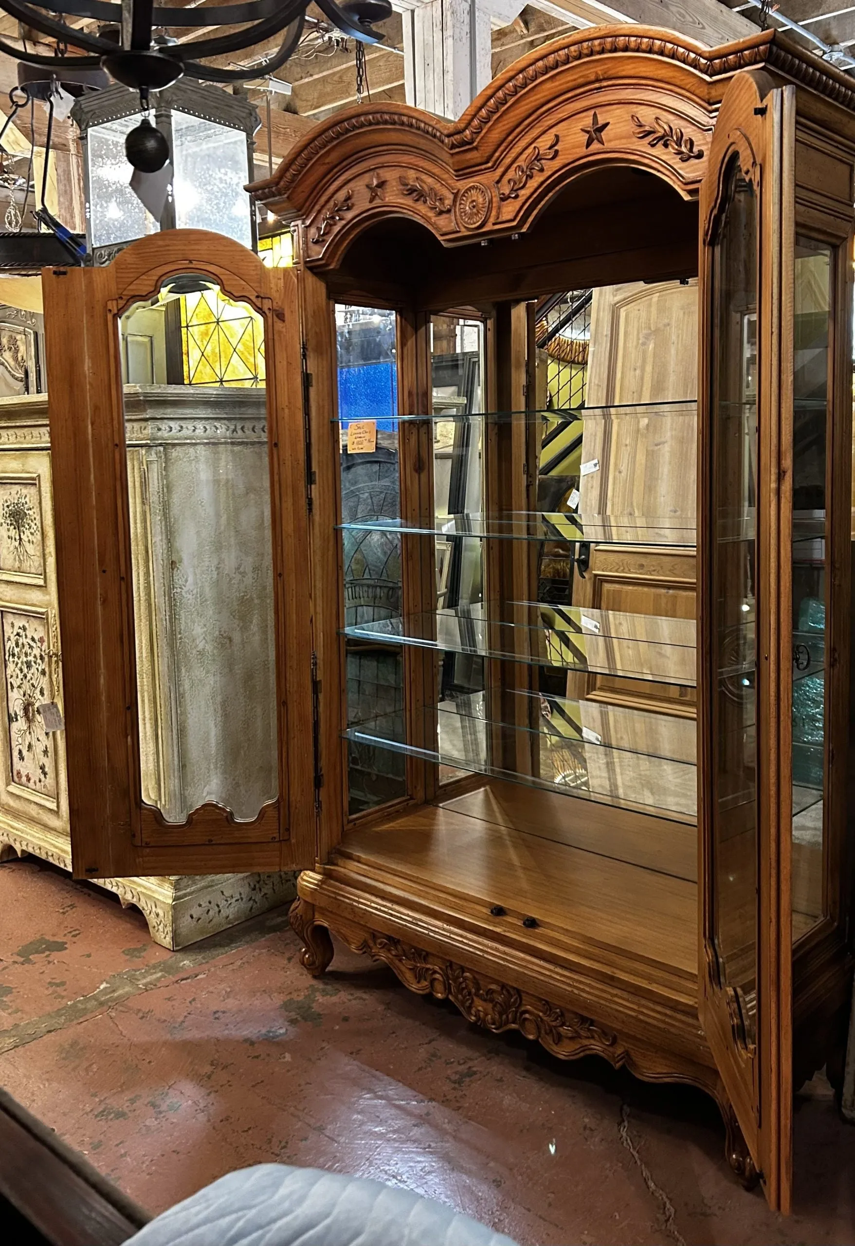 Large Curio Cabinet, Mirror Back, Glass Shelves, Interior Lighting