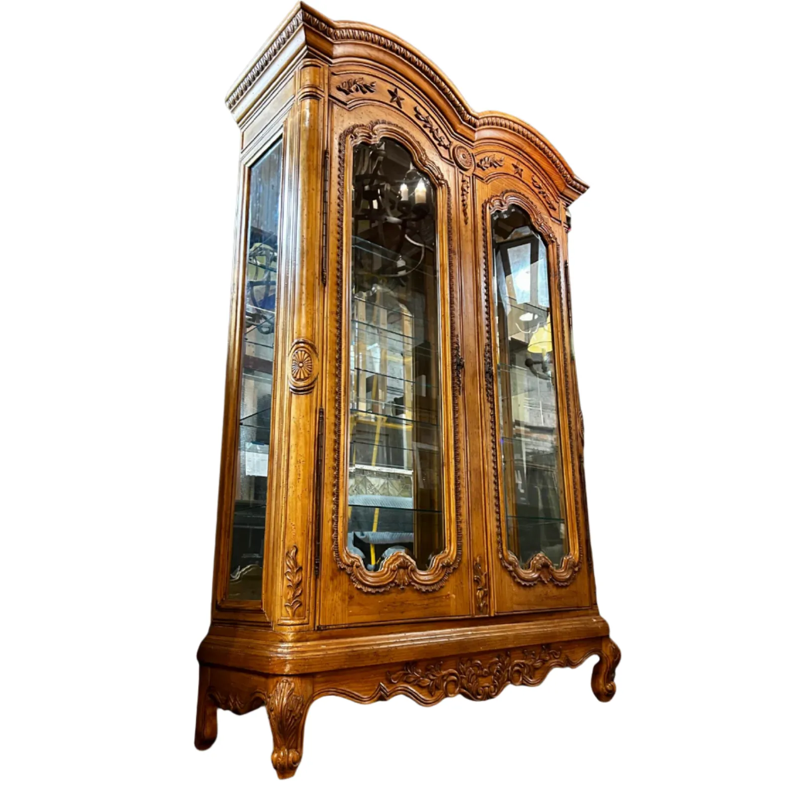 Large Curio Cabinet, Mirror Back, Glass Shelves, Interior Lighting