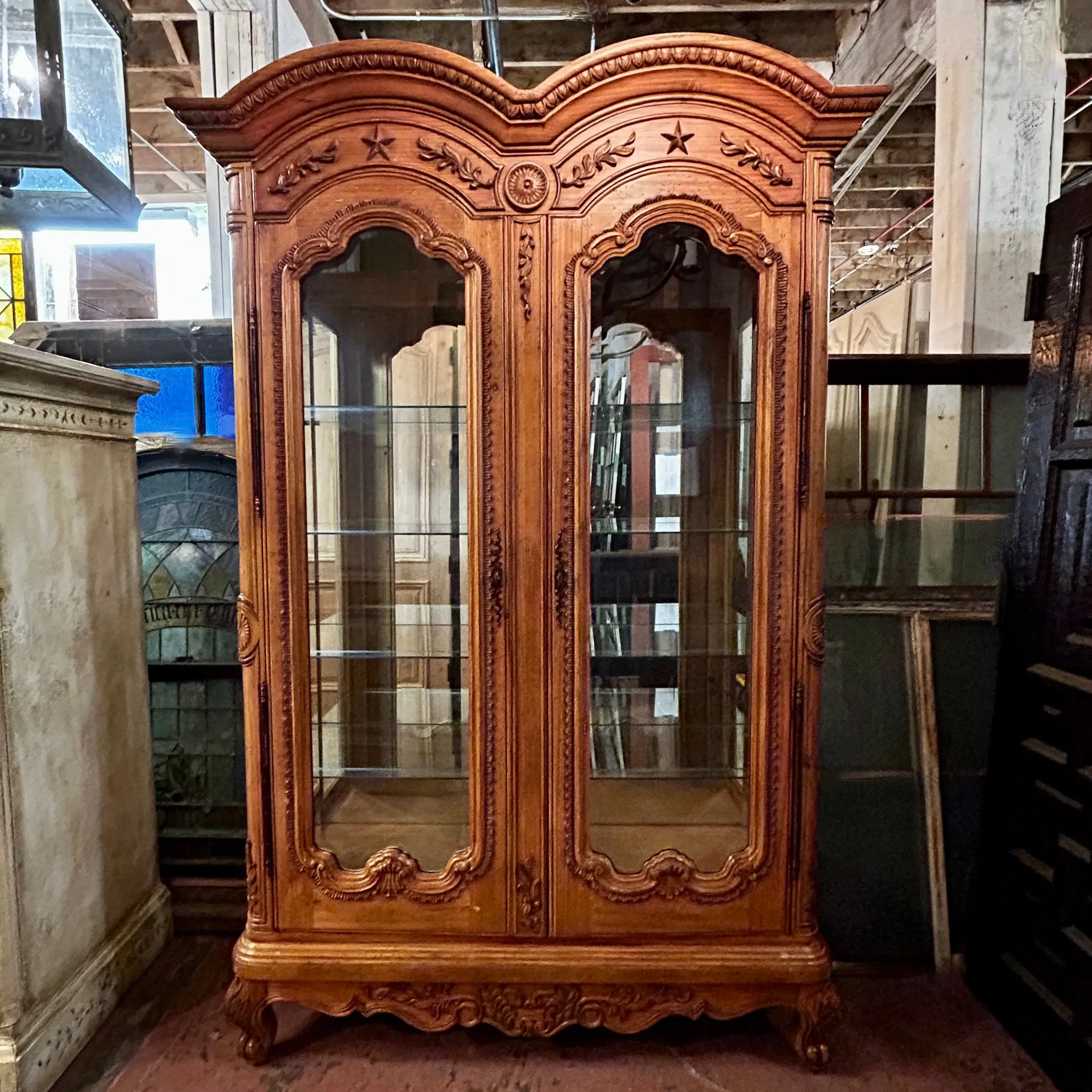 Large Curio Cabinet, Mirror Back, Glass Shelves, Interior Lighting