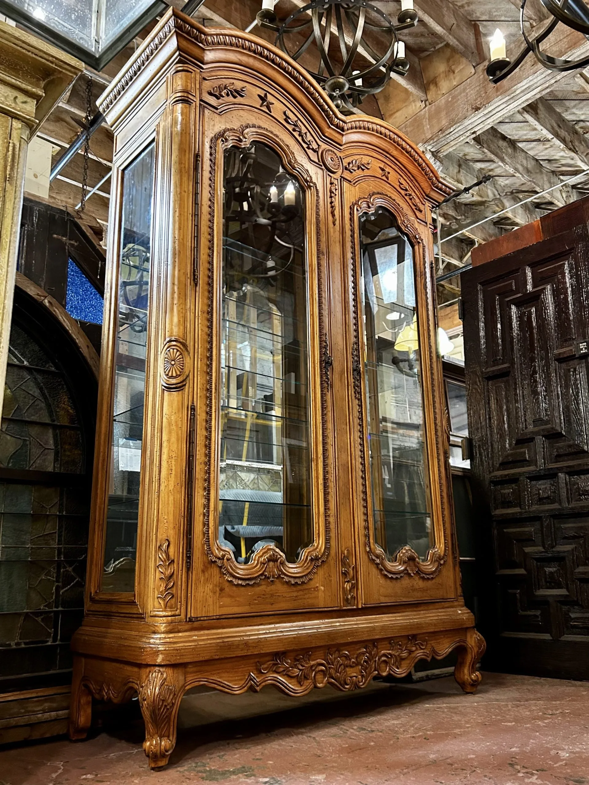 Large Curio Cabinet, Mirror Back, Glass Shelves, Interior Lighting