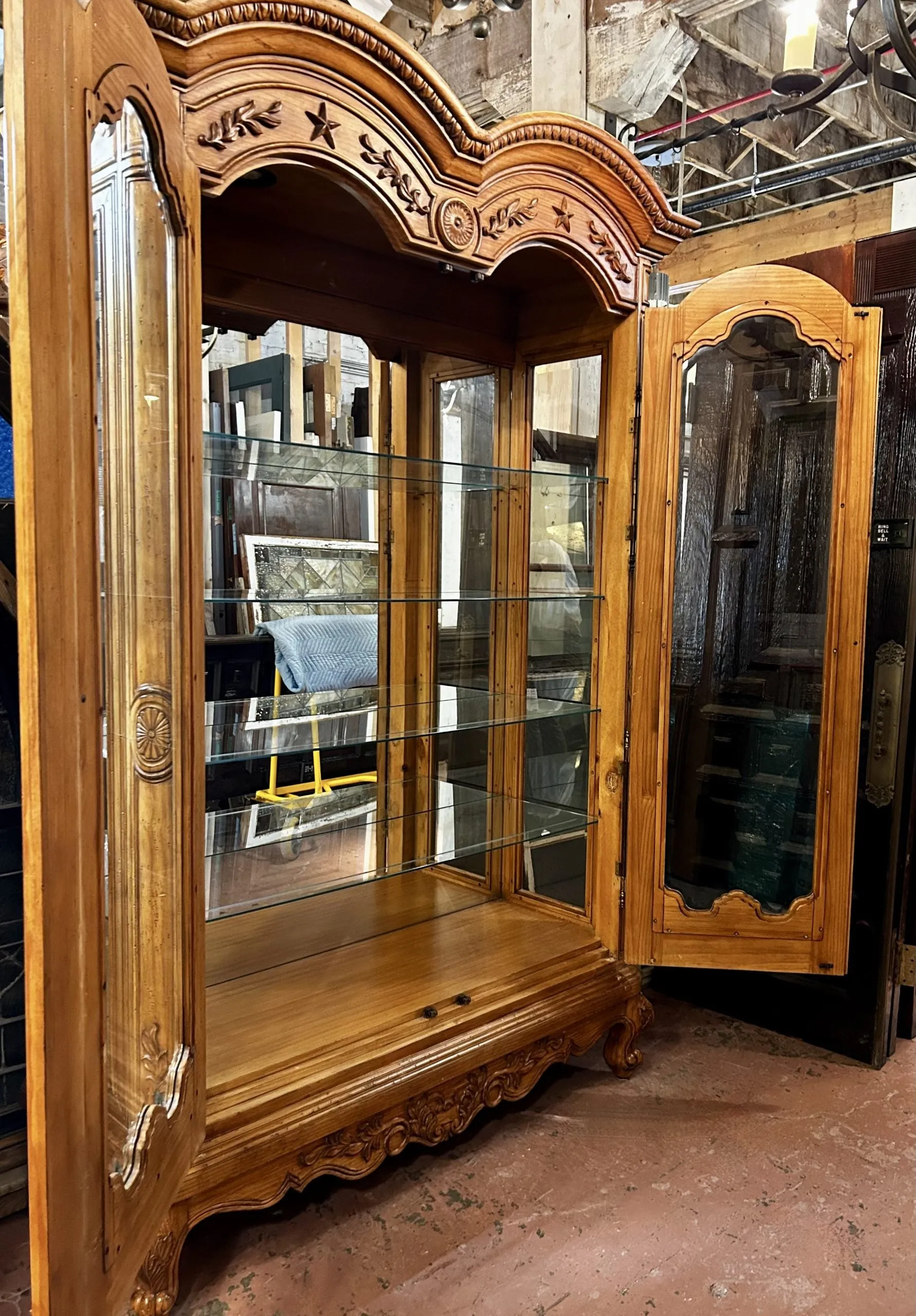 Large Curio Cabinet, Mirror Back, Glass Shelves, Interior Lighting