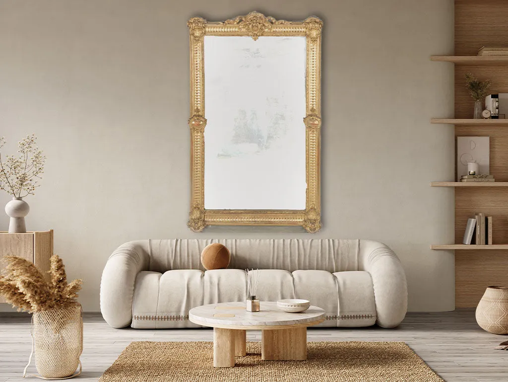 Large Early 19th-Century French Giltwood Mirror w/ Ornate Detailing - 65¼" x  40½"