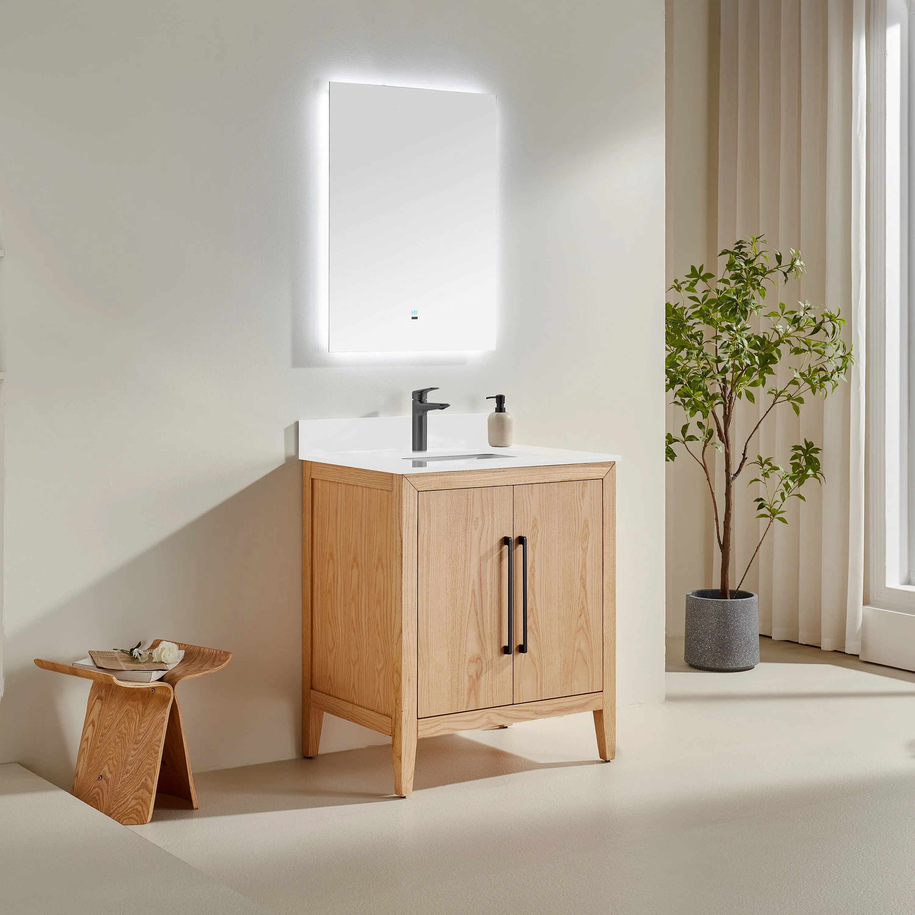 Lily - 30" White Oak, Floor Standing Modern Bathroom Vanity with White Quartz Top *** FLOOR MODEL ***