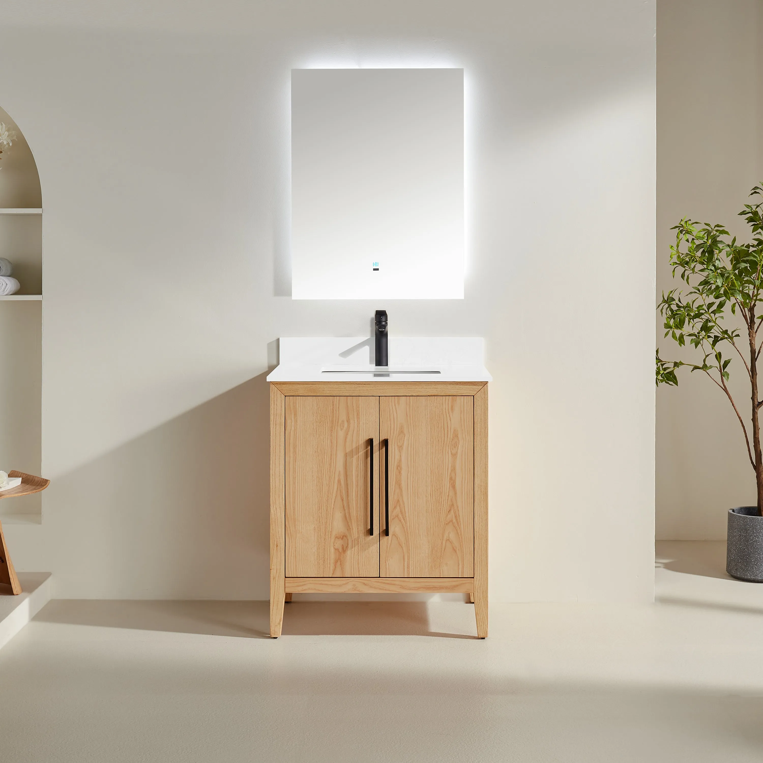 Lily - 30" White Oak, Floor Standing Modern Bathroom Vanity with White Quartz Top *** FLOOR MODEL ***