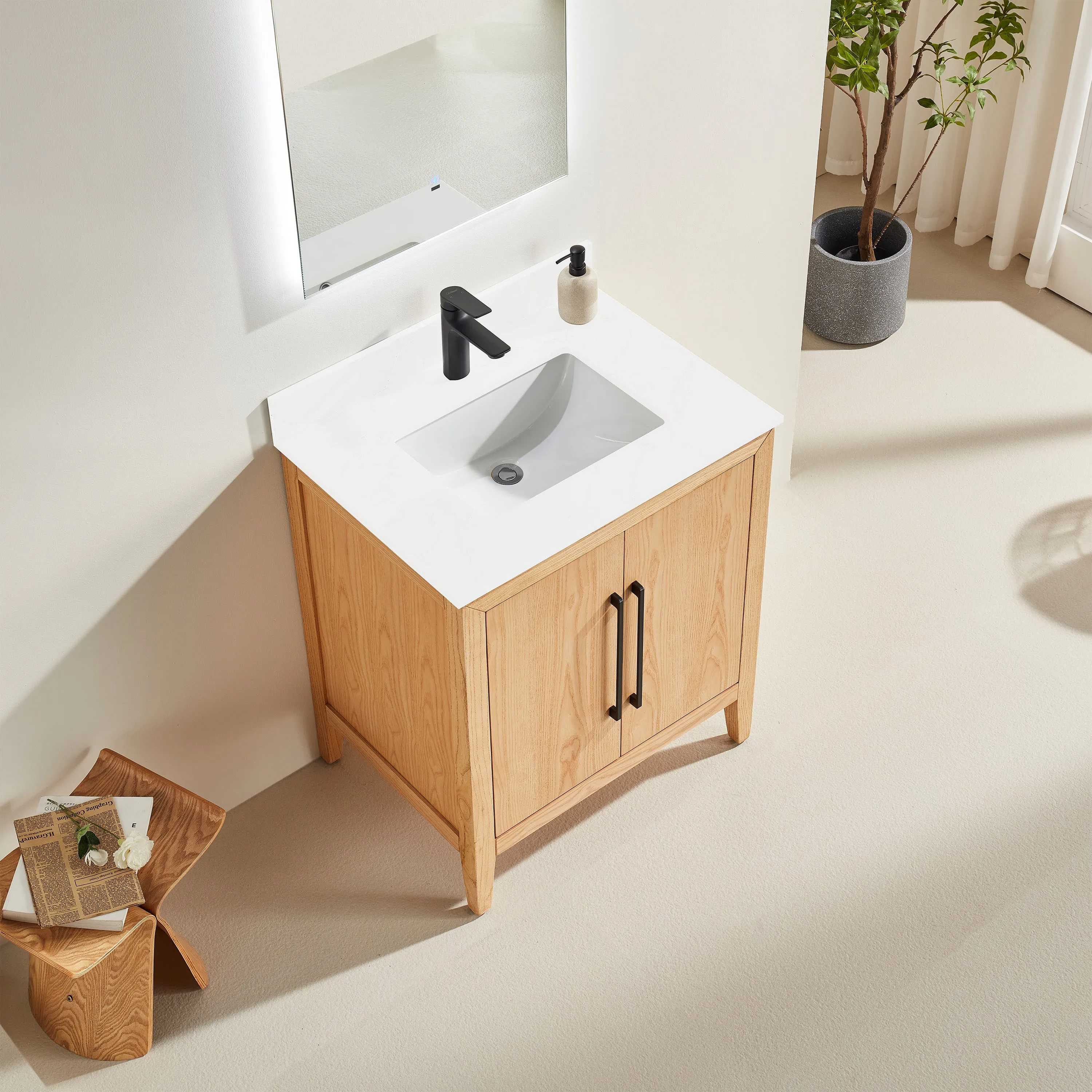 Lily - 30" White Oak, Floor Standing Modern Bathroom Vanity with White Quartz Top *** FLOOR MODEL ***