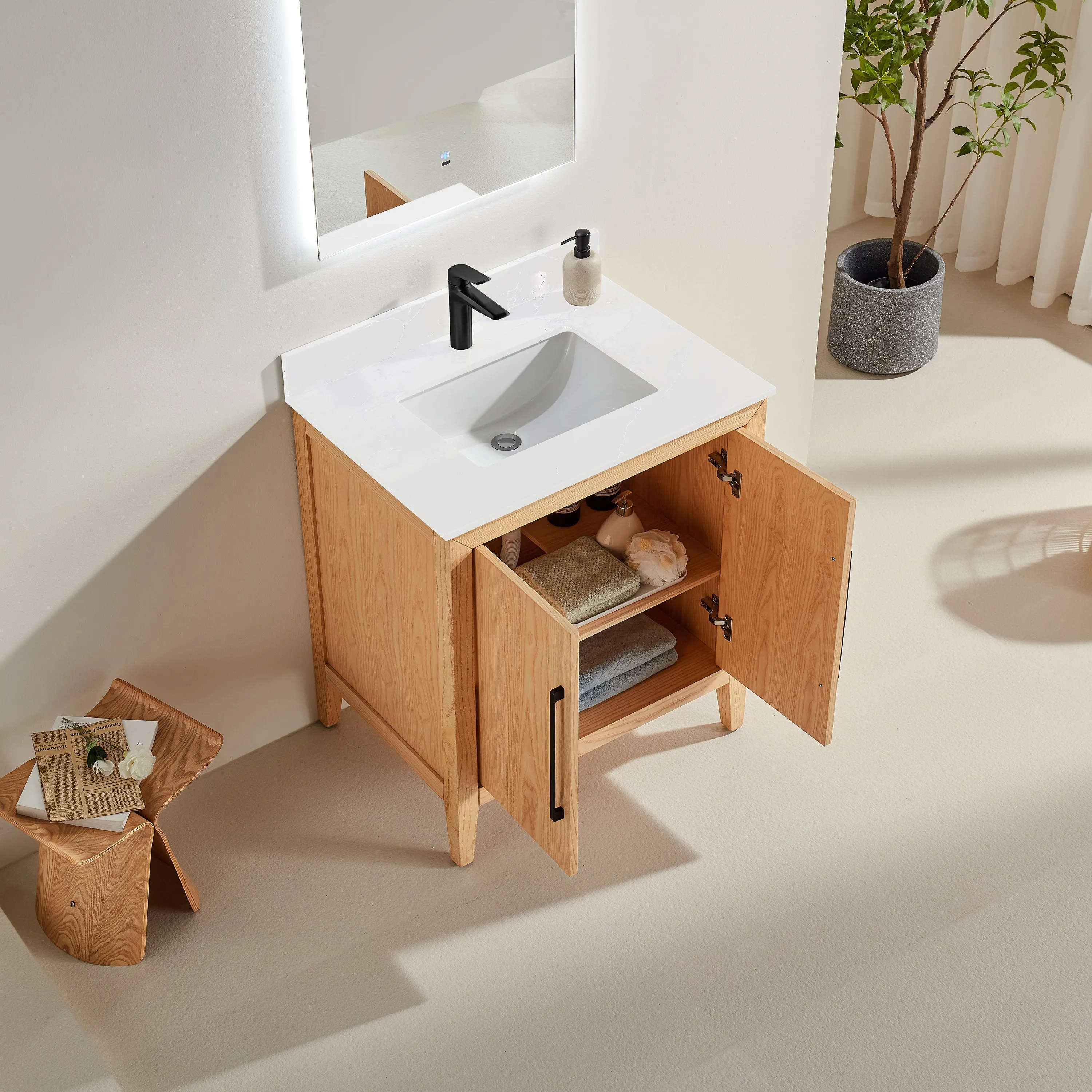 Lily - 30" White Oak, Floor Standing Modern Bathroom Vanity with White Quartz Top *** FLOOR MODEL ***