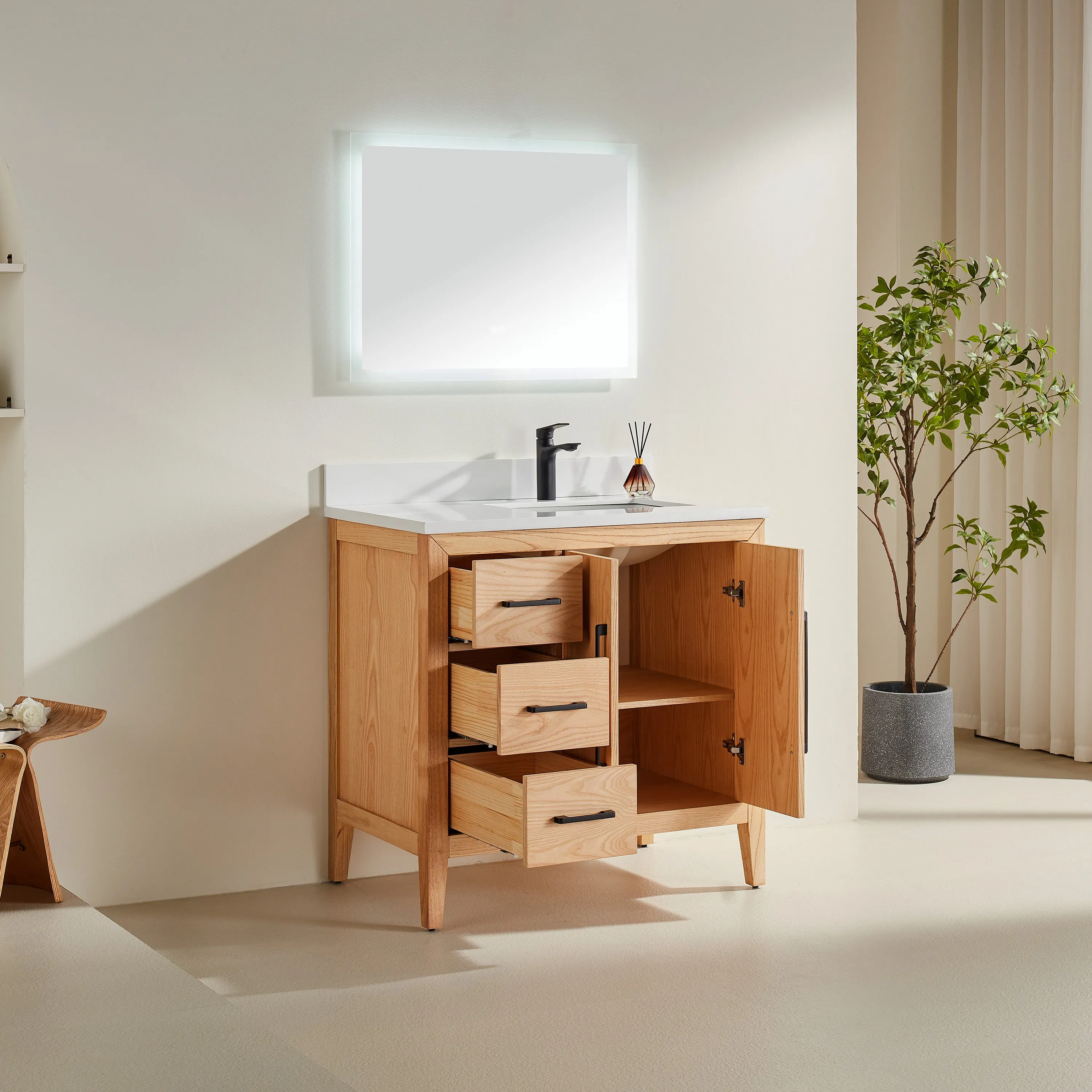 Lily - 36" White Oak ,Left Side Drawers, Floor Standing Modern Bathroom Vanity, White Quartz Countertop, Matt Black Hardware