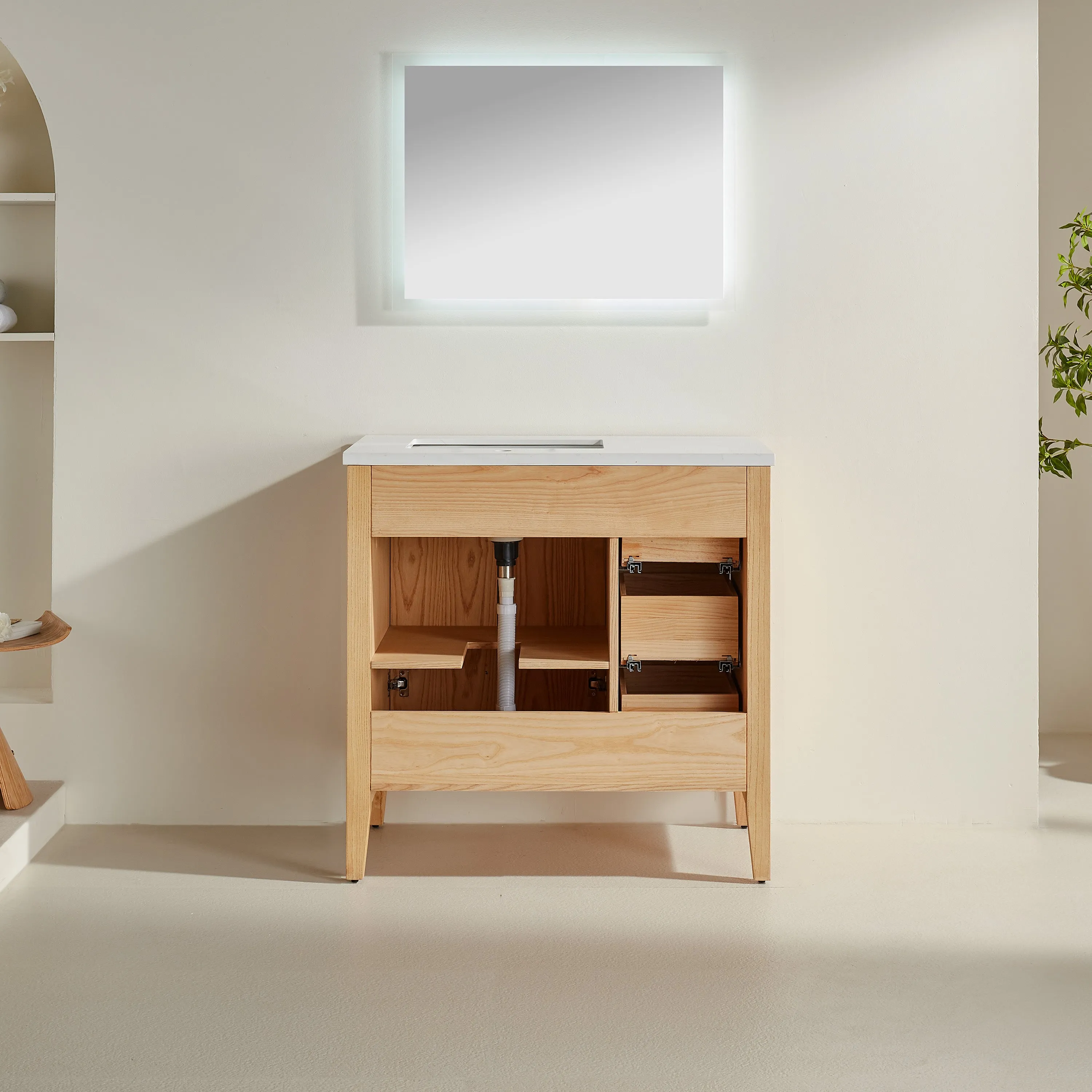 Lily - 36" White Oak ,Left Side Drawers, Floor Standing Modern Bathroom Vanity, White Quartz Countertop, Matt Black Hardware