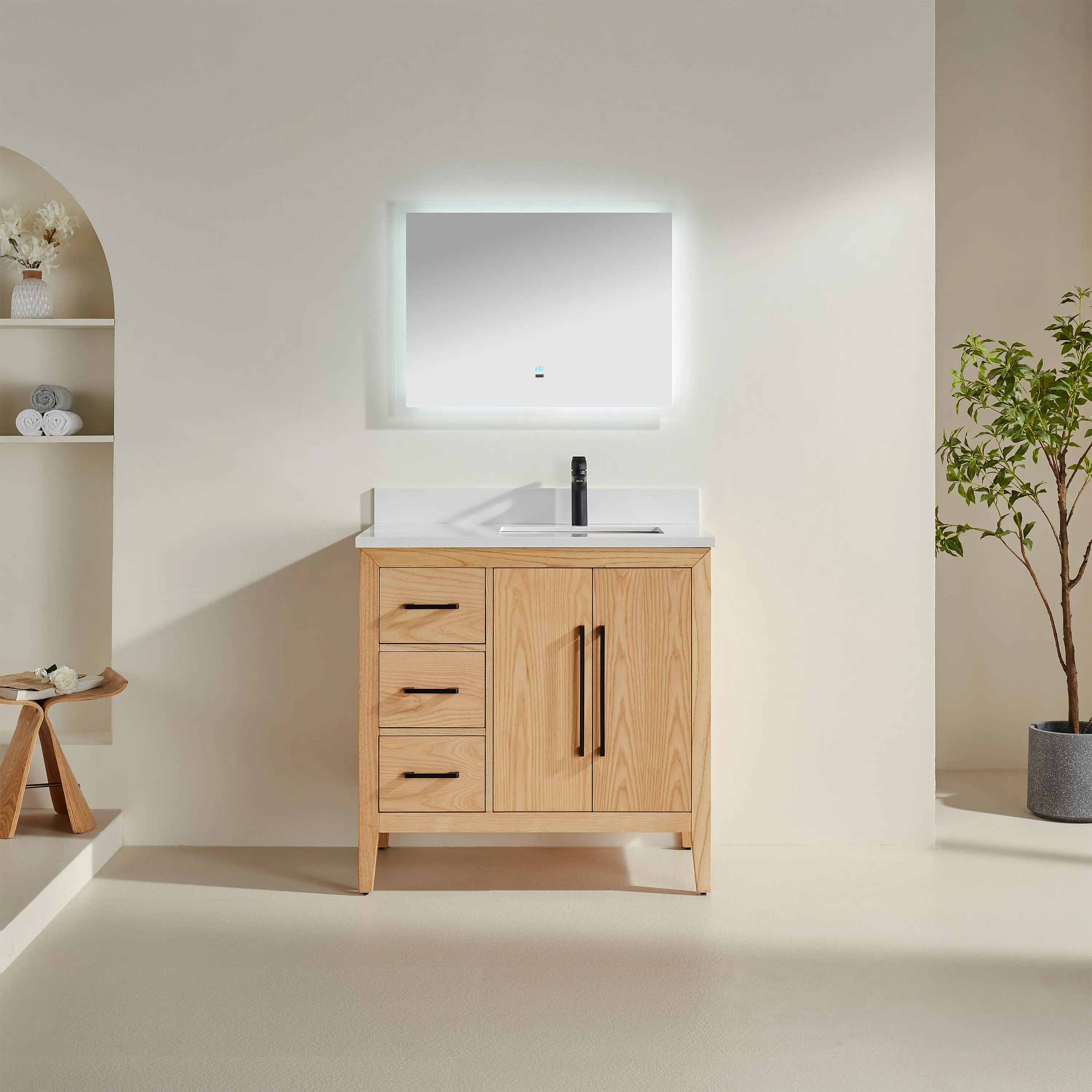 Lily - 36" White Oak ,Left Side Drawers, Floor Standing Modern Bathroom Vanity, White Quartz Countertop, Matt Black Hardware