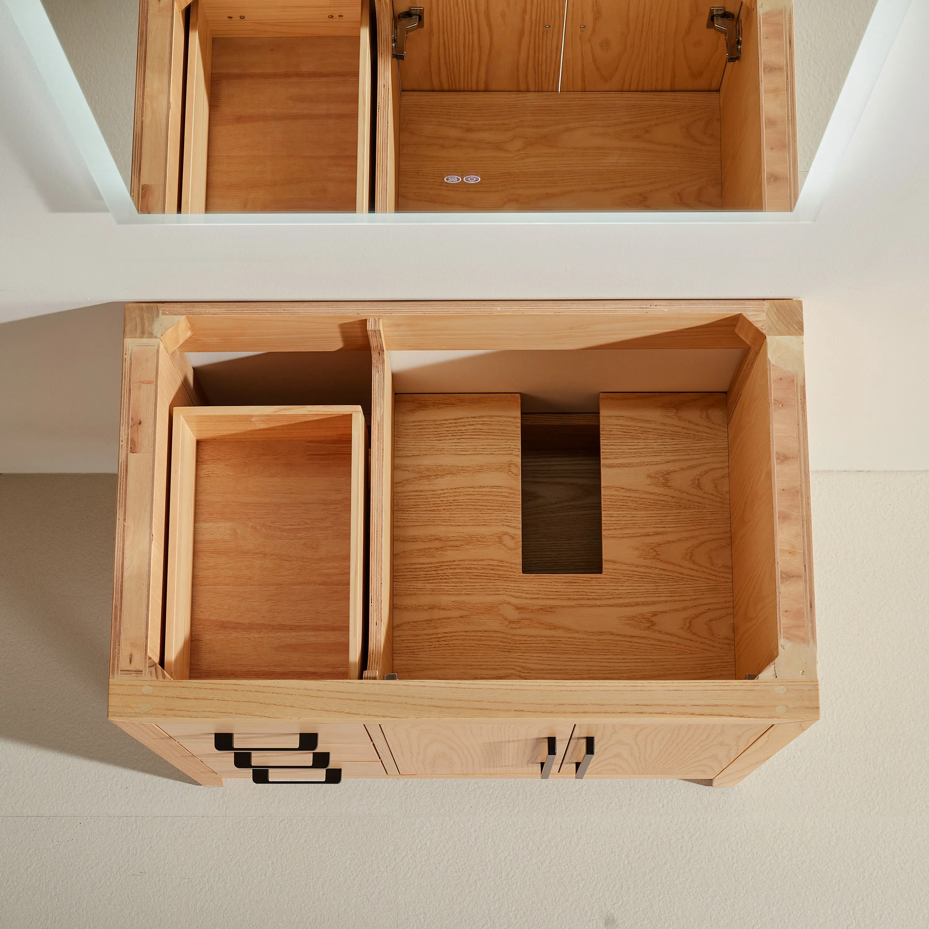 Lily - 36" White Oak ,Left Side Drawers, Floor Standing Modern Bathroom Vanity, White Quartz Countertop, Matt Black Hardware