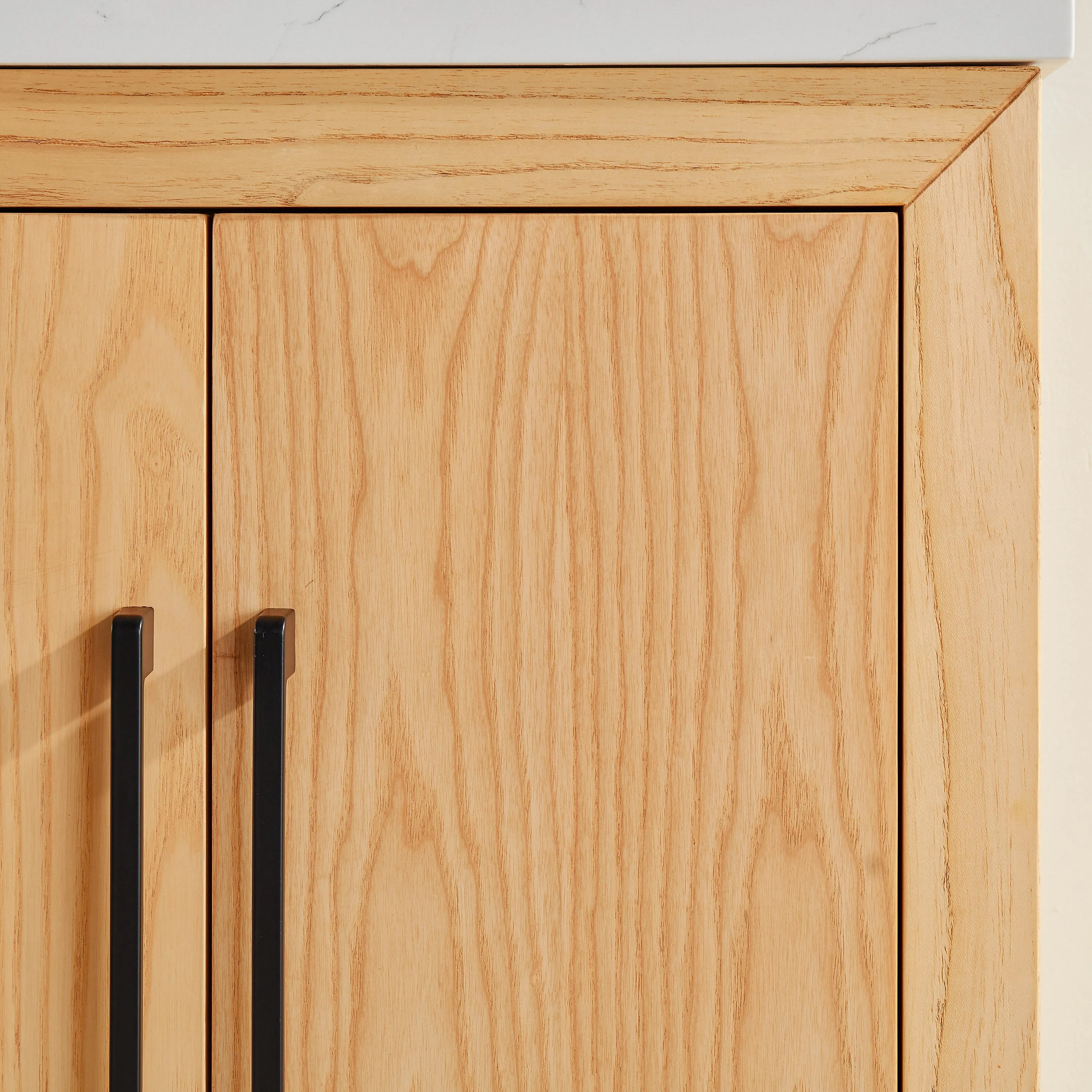 Lily - 36" White Oak ,Left Side Drawers, Floor Standing Modern Bathroom Vanity, White Quartz Countertop, Matt Black Hardware