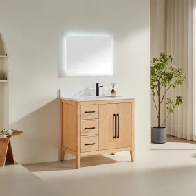 Lily - 36" White Oak ,Left Side Drawers, Floor Standing Modern Bathroom Vanity, White Quartz Countertop, Matt Black Hardware