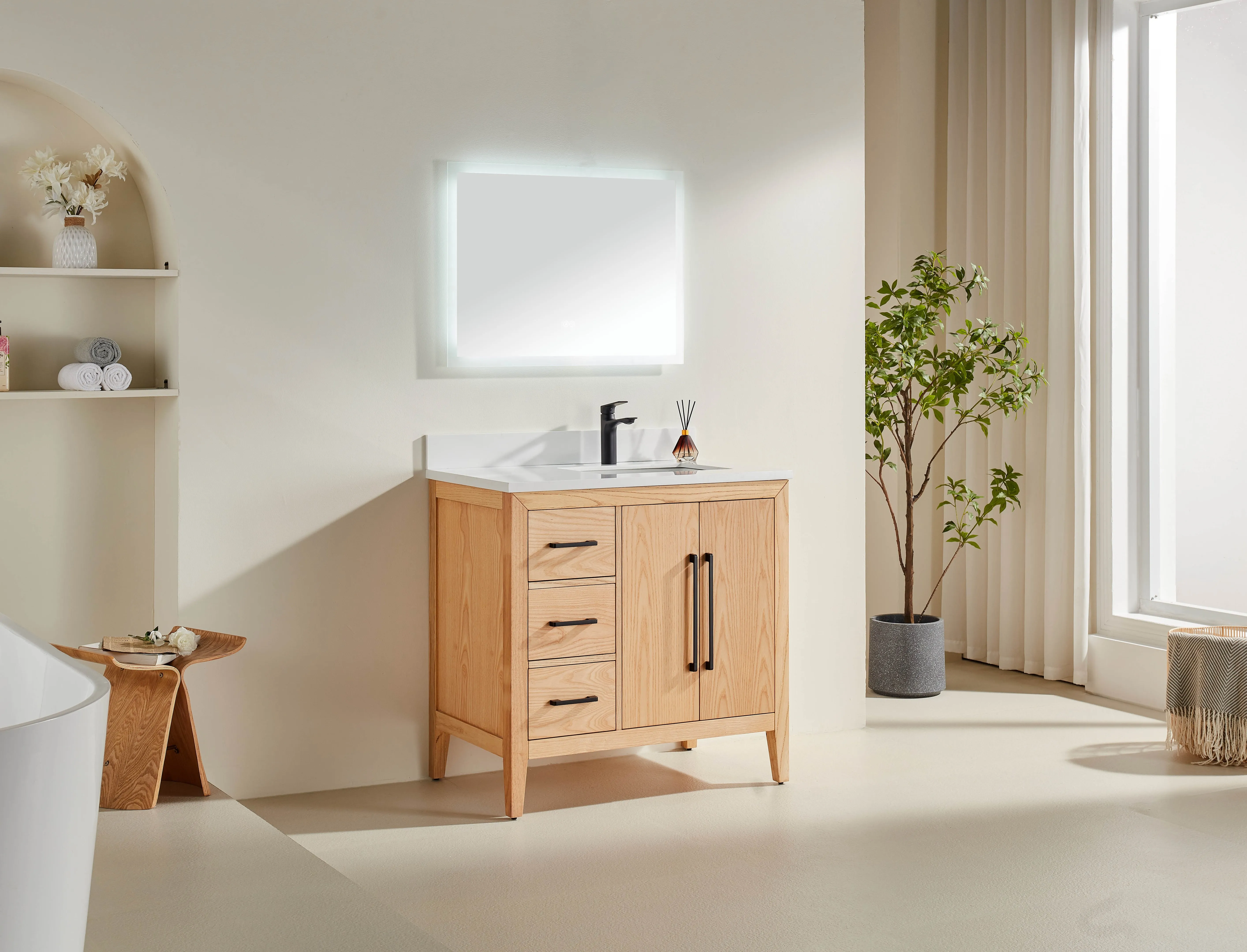 Lily - 36" White Oak ,Left Side Drawers, Floor Standing Modern Bathroom Vanity, White Quartz Countertop, Matt Black Hardware