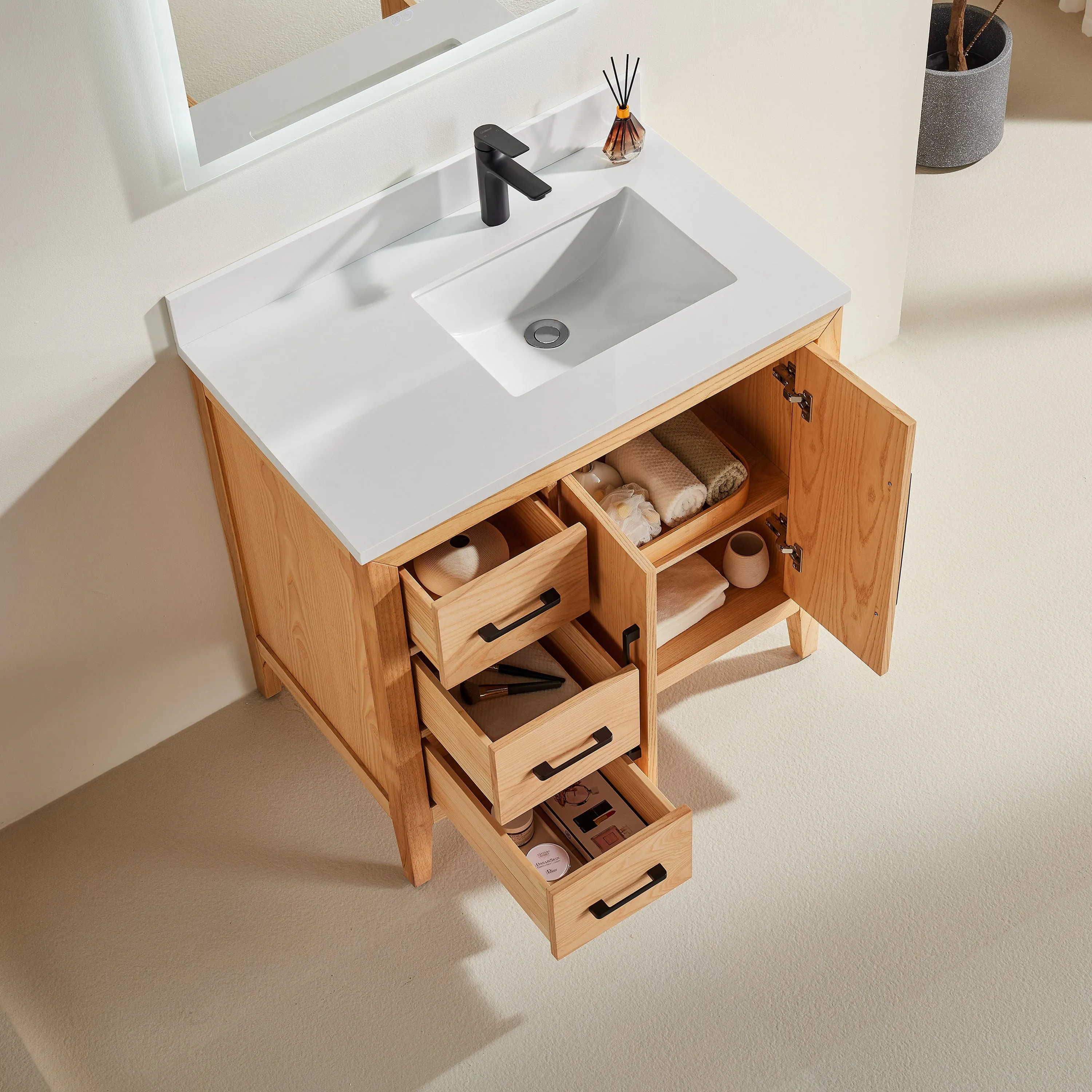 Lily - 36" White Oak ,Left Side Drawers, Floor Standing Modern Bathroom Vanity, White Quartz Countertop, Matt Black Hardware