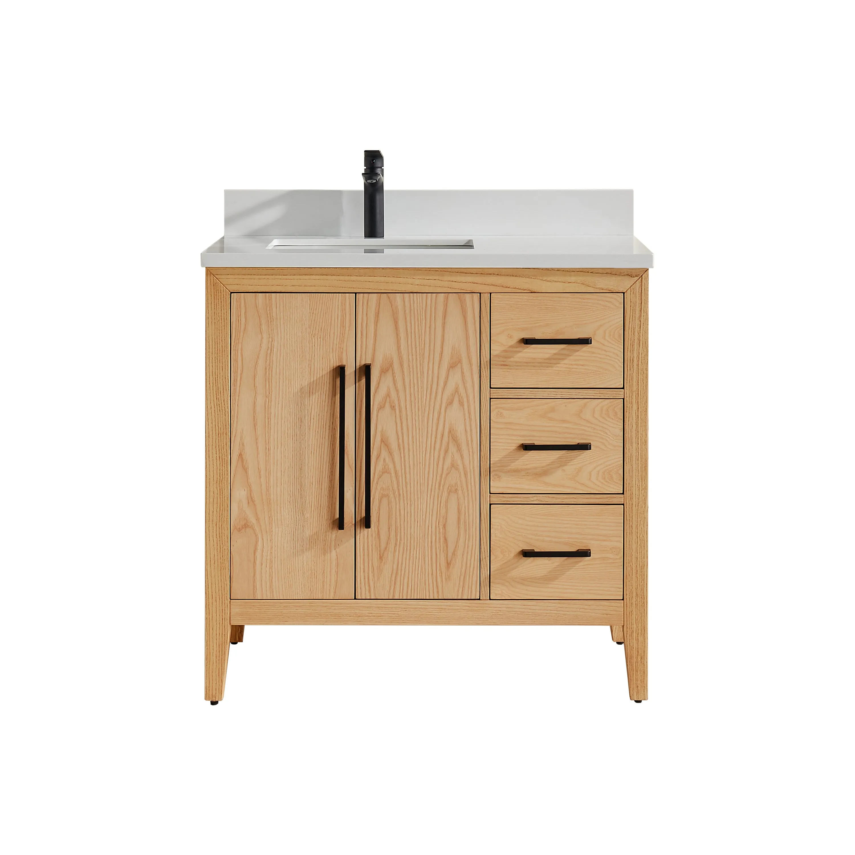 Lily - 36" White Oak ,Right Side Drawers, Floor Standing Modern Bathroom Vanity, Quartz Countertop, Matt Black Hardware