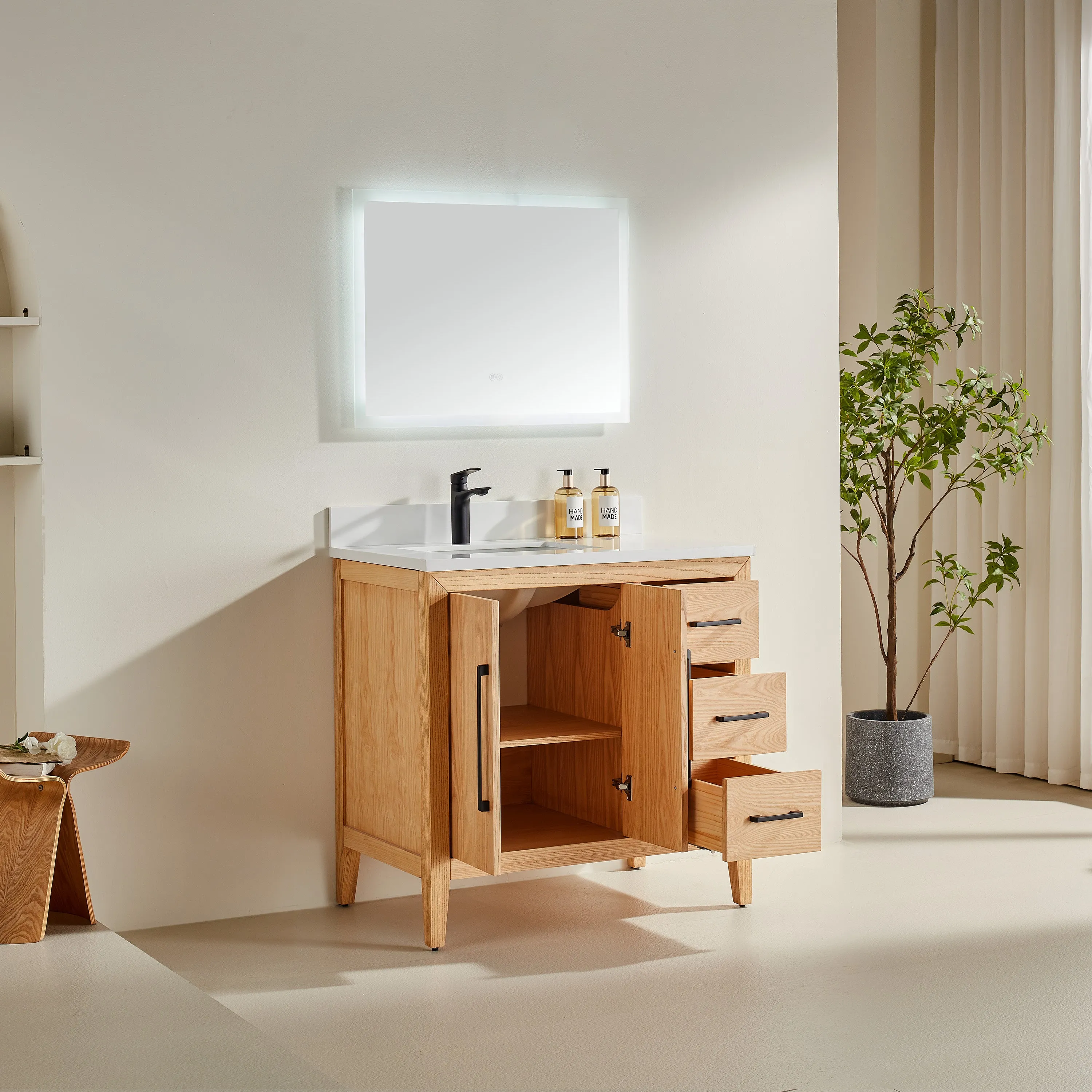 Lily - 36" White Oak ,Right Side Drawers, Floor Standing Modern Bathroom Vanity, Quartz Countertop, Matt Black Hardware