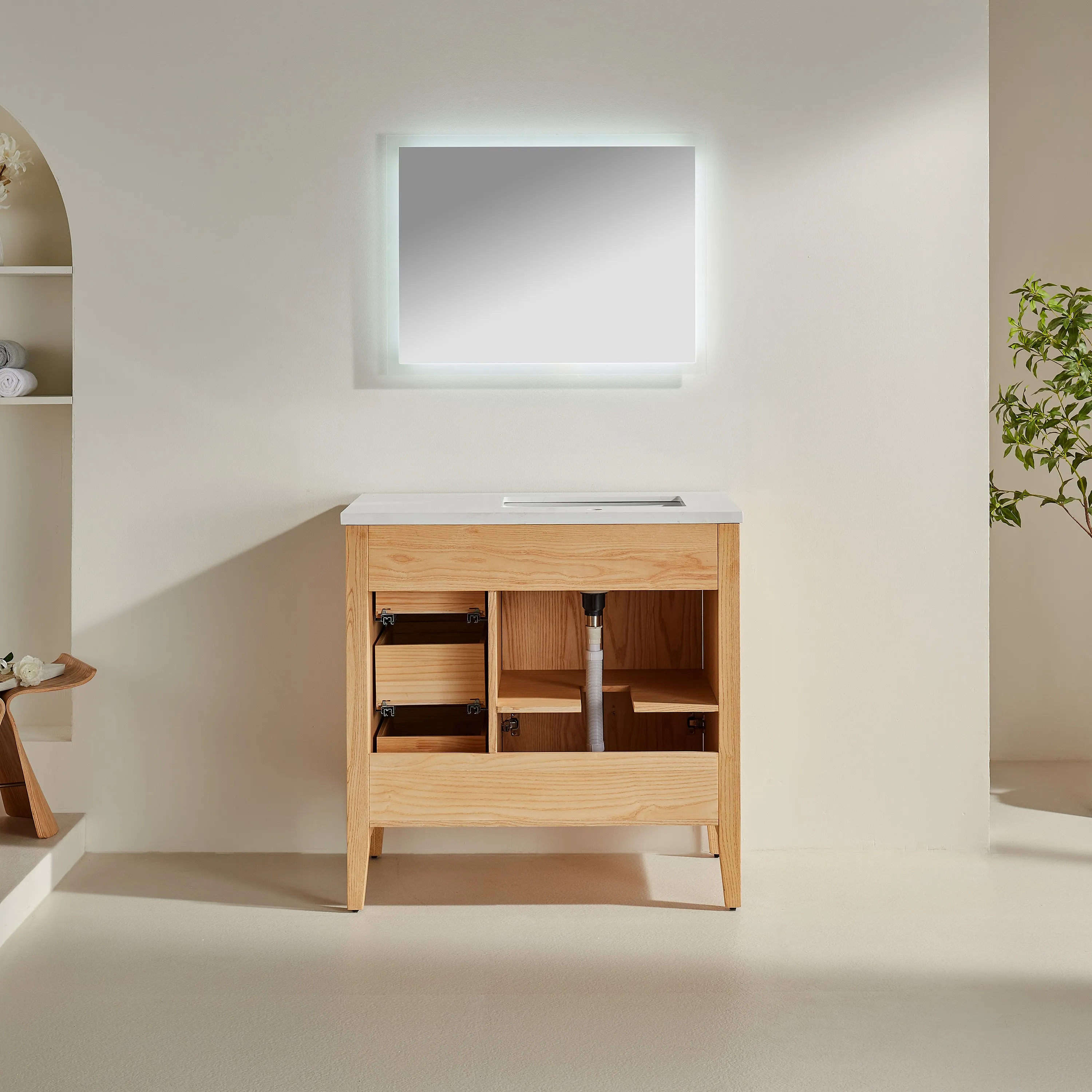 Lily - 36" White Oak ,Right Side Drawers, Floor Standing Modern Bathroom Vanity, Quartz Countertop, Matt Black Hardware