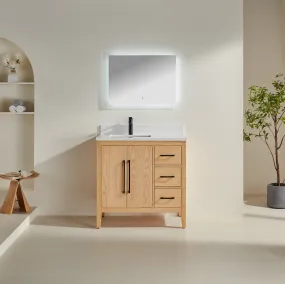 Lily - 36" White Oak ,Right Side Drawers, Floor Standing Modern Bathroom Vanity, Quartz Countertop, Matt Black Hardware