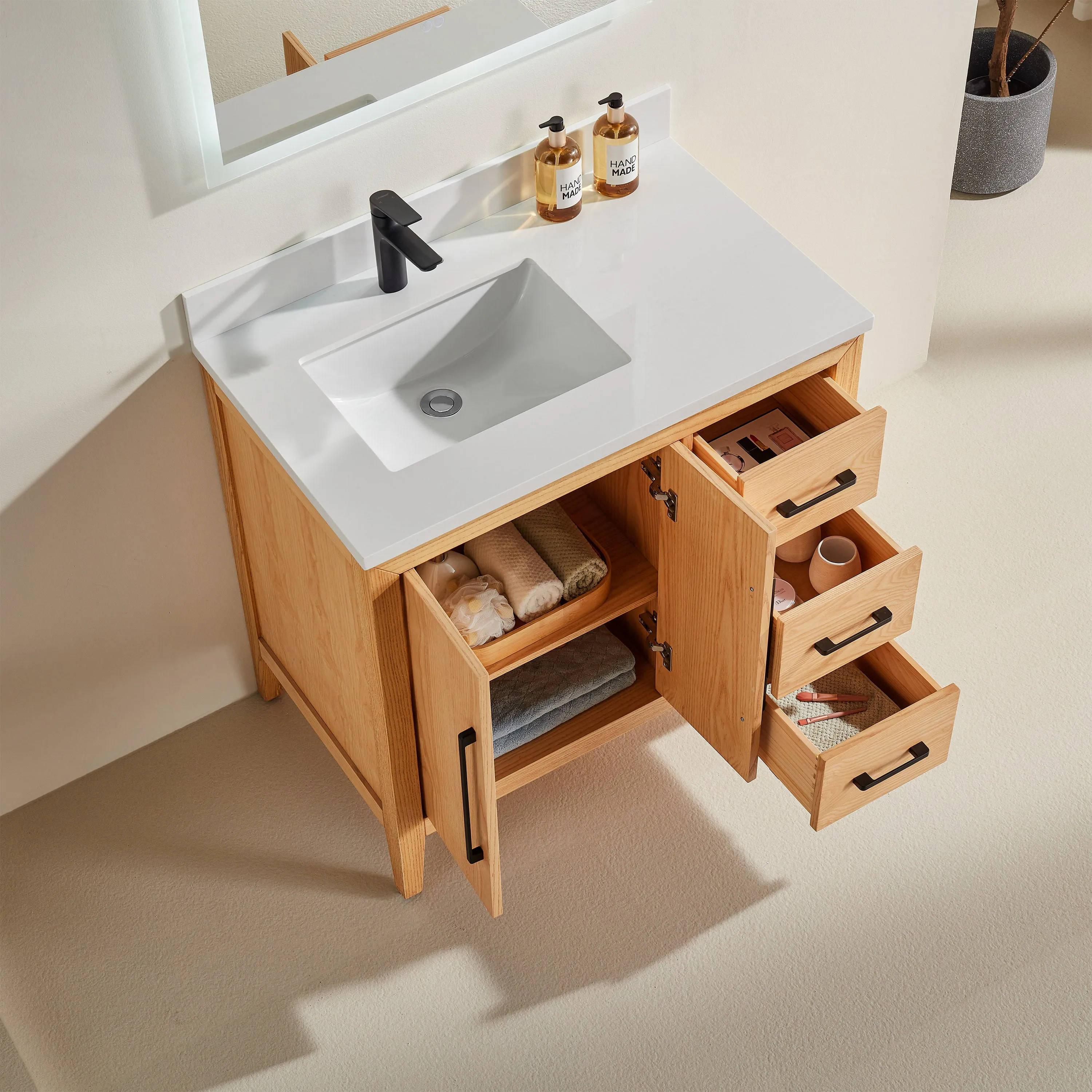 Lily - 36" White Oak ,Right Side Drawers, Floor Standing Modern Bathroom Vanity, Quartz Countertop, Matt Black Hardware
