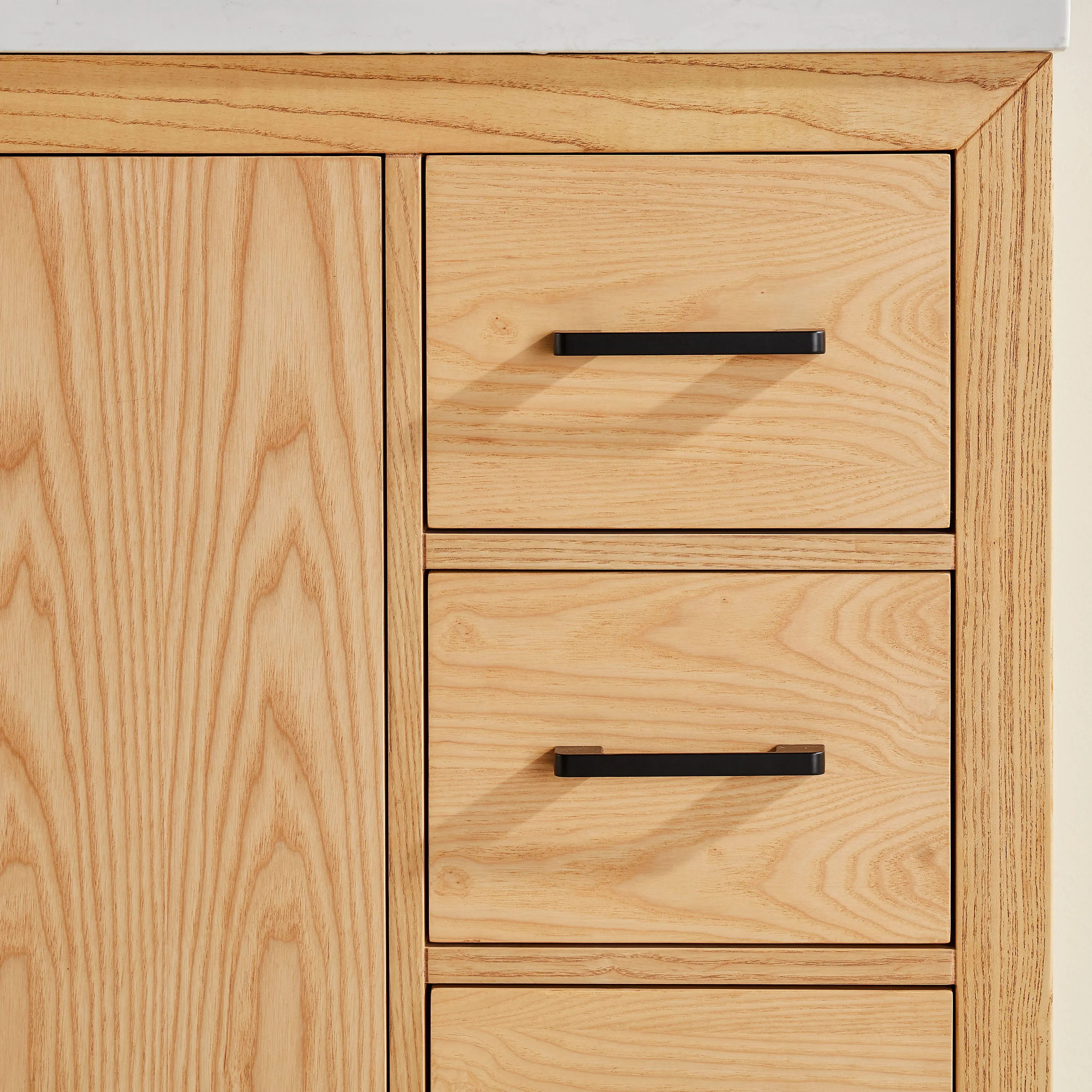 Lily - 36" White Oak ,Right Side Drawers, Floor Standing Modern Bathroom Vanity, Quartz Countertop, Matt Black Hardware