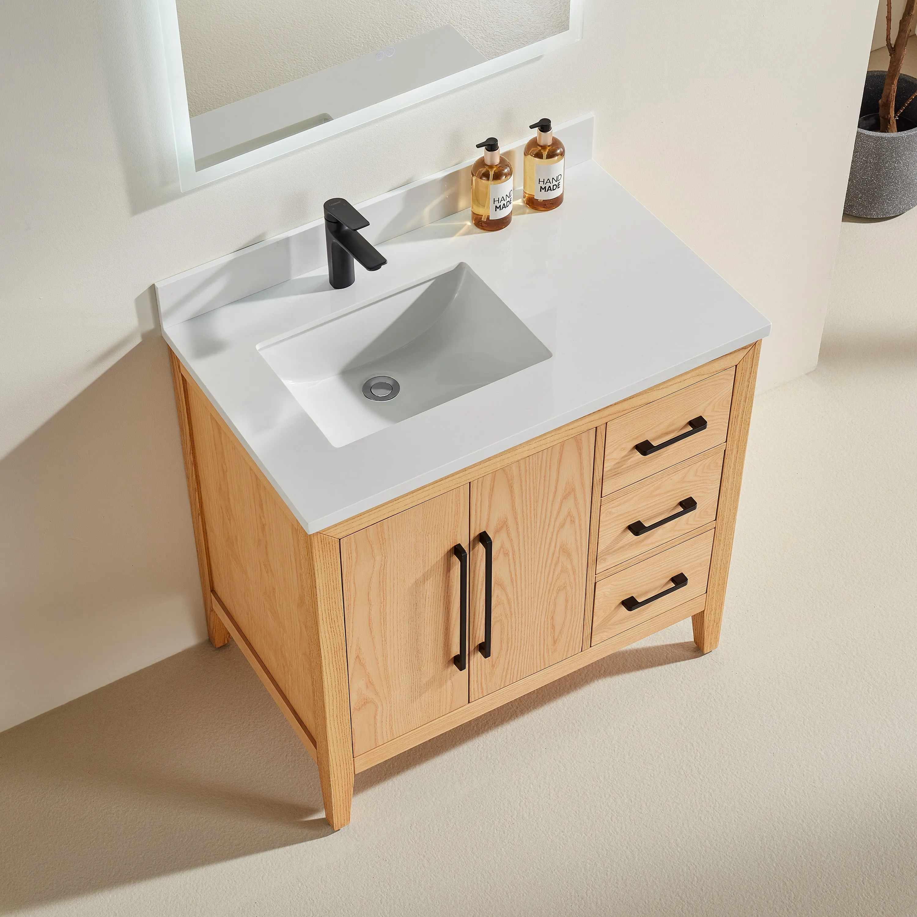Lily - 36" White Oak ,Right Side Drawers, Floor Standing Modern Bathroom Vanity, Quartz Countertop, Matt Black Hardware