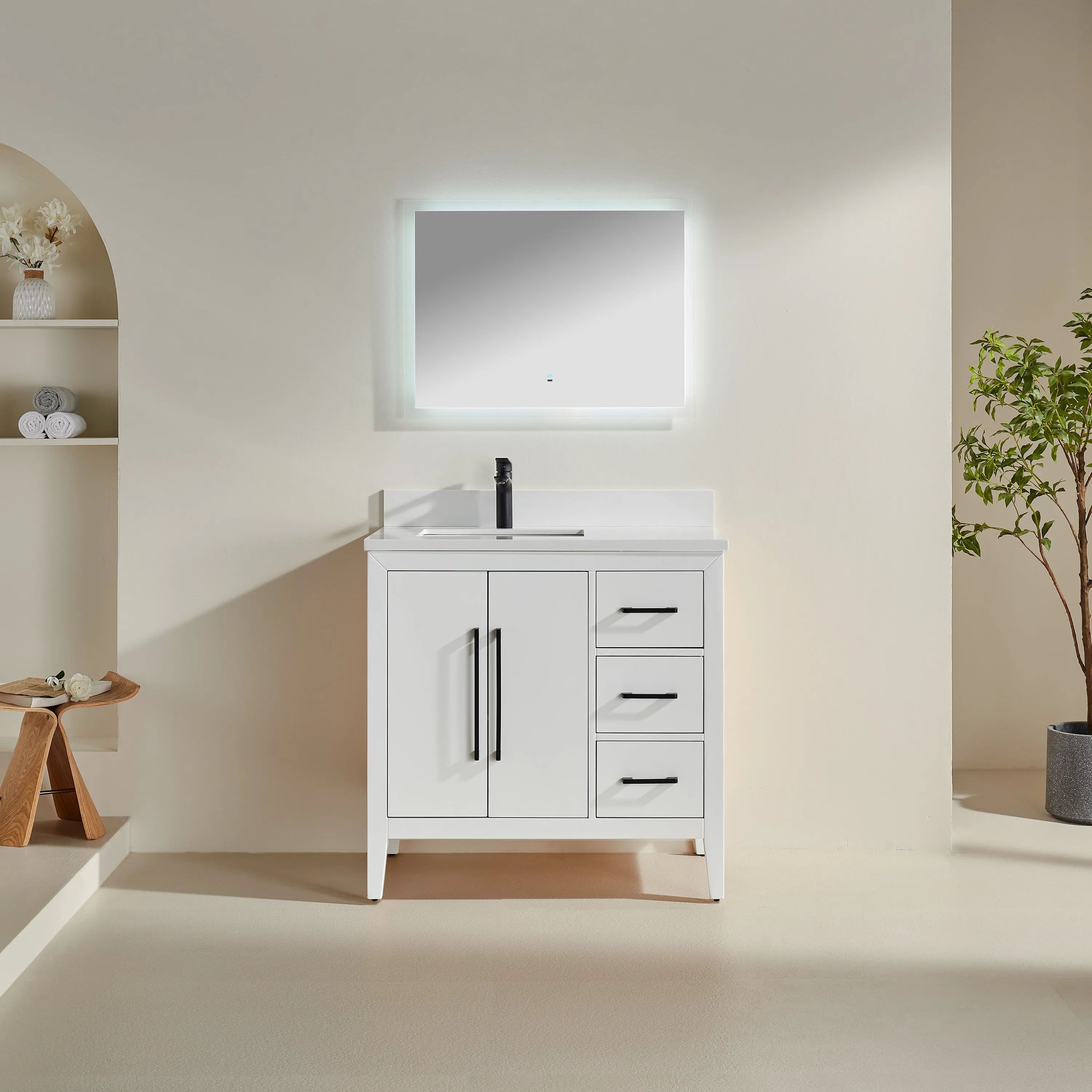 Lily - 36" White ,Right Side Drawers, Floor Standing Modern Bathroom Vanity, Quartz Countertop