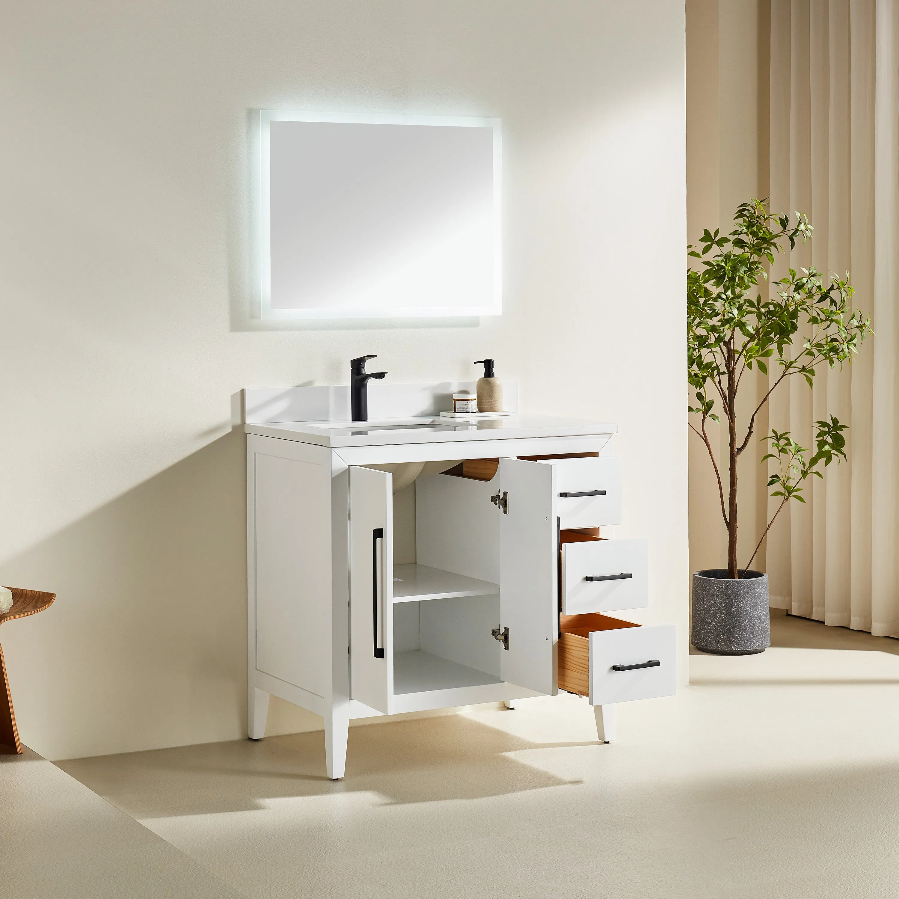 Lily - 36" White ,Right Side Drawers, Floor Standing Modern Bathroom Vanity, Quartz Countertop